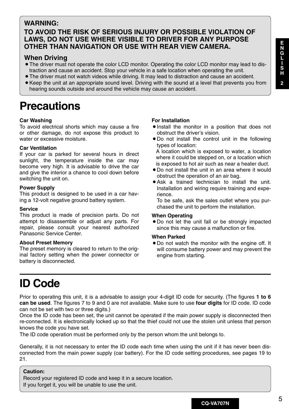 Precautions, Id code | Panasonic CQ-VA707N User Manual | Page 4 / 67