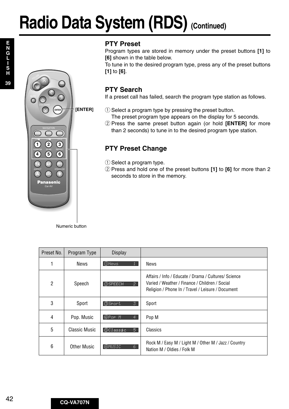 Radio data system (rds), Continued), Pty preset | Pty search, Pty preset change | Panasonic CQ-VA707N User Manual | Page 41 / 67