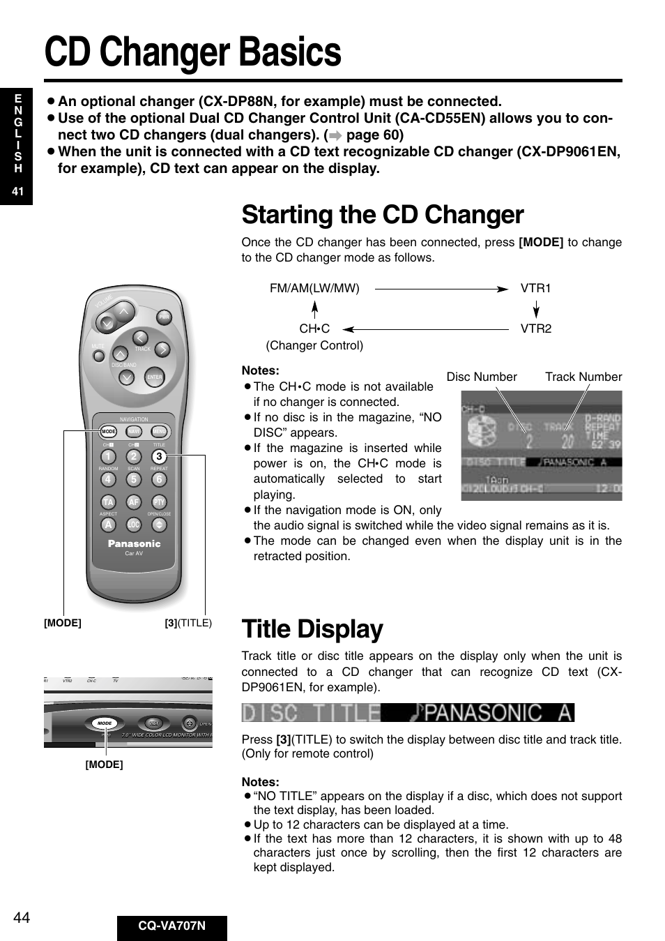 Cd changer basics, Starting the cd changer, Title display | Cq-va707n, Cvtr1 (changer control) | Panasonic CQ-VA707N User Manual | Page 43 / 67