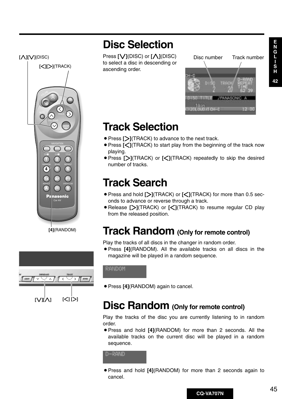 Track selection, Track search, Track random | Disc random, Disc selection, Only for remote control) | Panasonic CQ-VA707N User Manual | Page 44 / 67