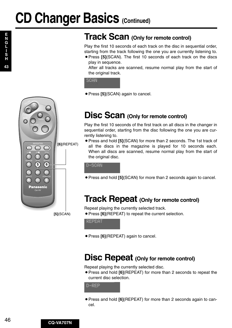 Cd changer basics, Track scan, Disc scan | Track repeat, Disc repeat, Continued), Only for remote control) | Panasonic CQ-VA707N User Manual | Page 45 / 67