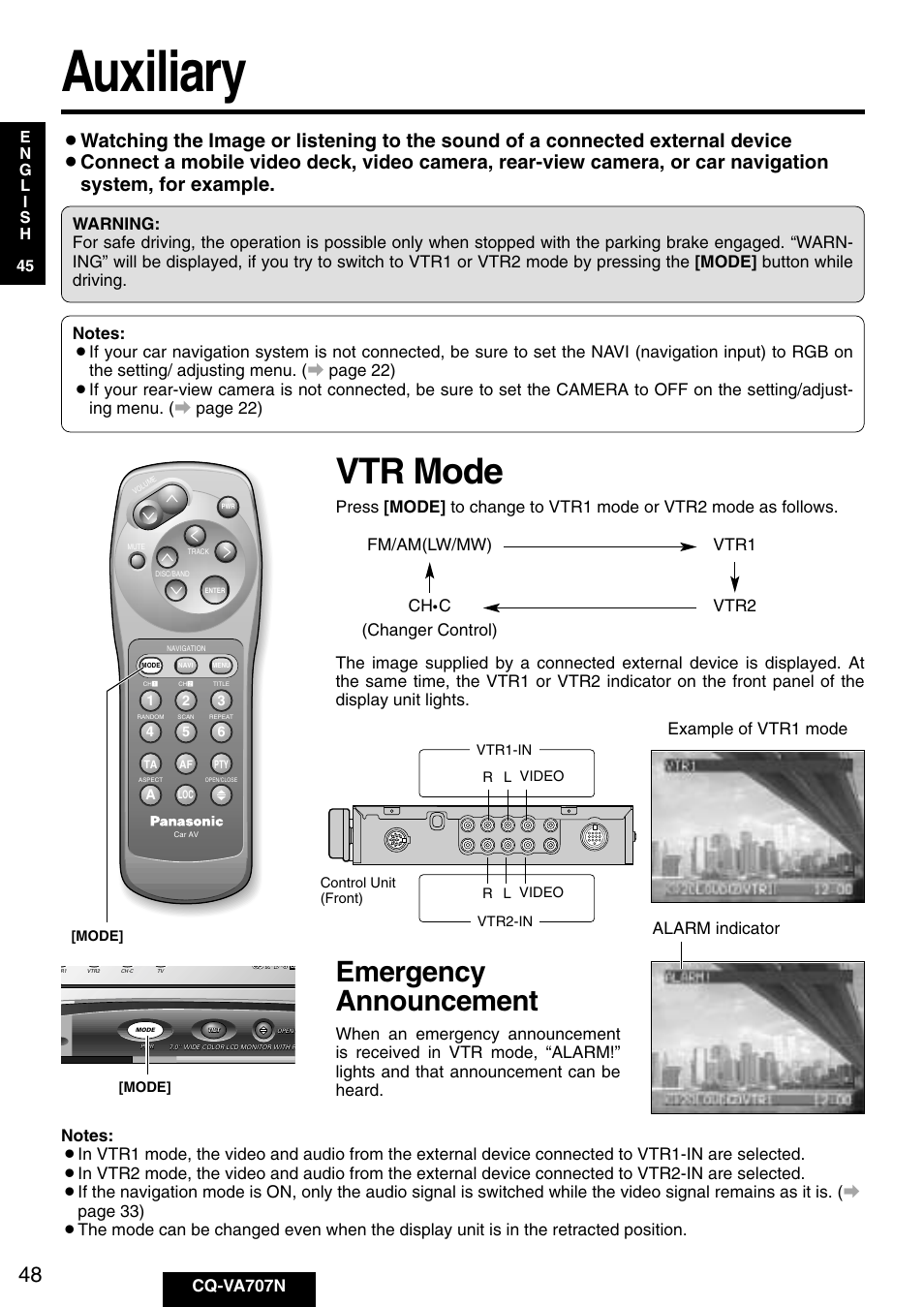 Auxiliary, Vtr mode, Emergency announcement | Cq-va707n, Fm/am(lw/mw) vtr2 ch, Cvtr1 (changer control) | Panasonic CQ-VA707N User Manual | Page 47 / 67