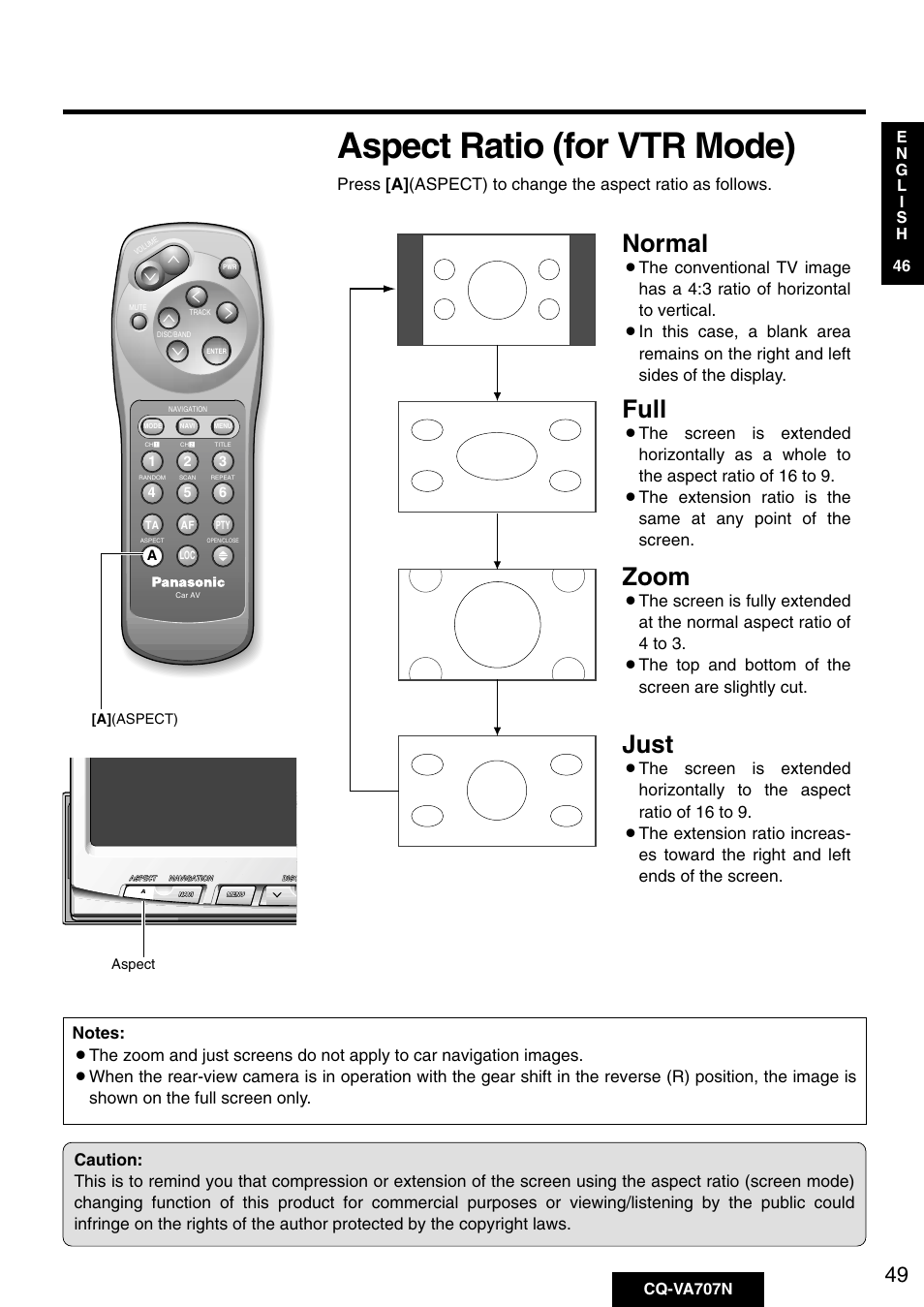 Aspect ratio (for vtr mode), Normal, Just | Full, Zoom | Panasonic CQ-VA707N User Manual | Page 48 / 67