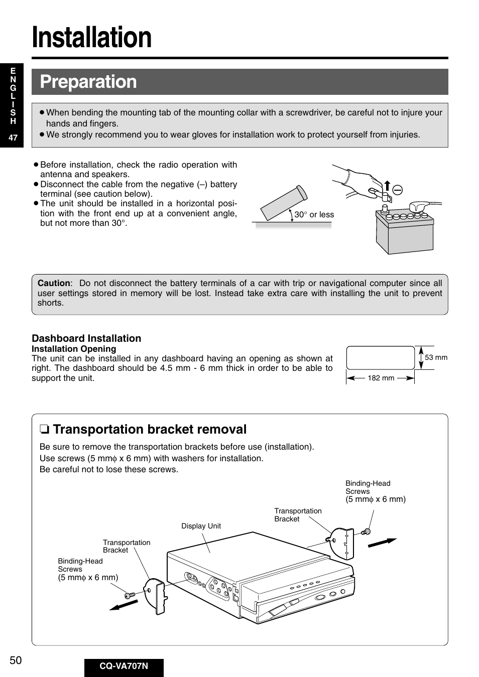 Installation, Preparation, Transportation bracket removal | Panasonic CQ-VA707N User Manual | Page 49 / 67