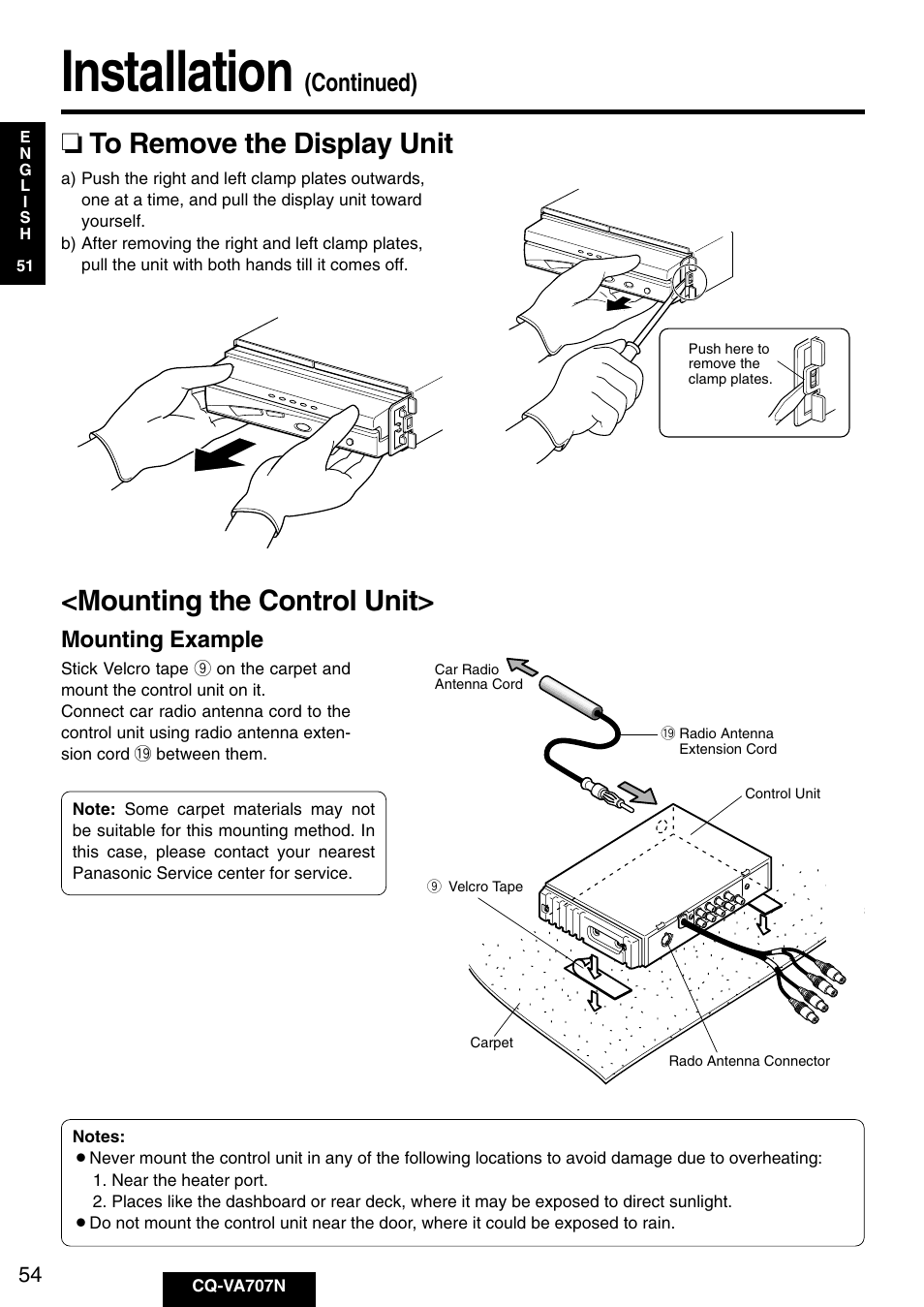 Installation, Mounting the control unit, Continued) | Mounting example | Panasonic CQ-VA707N User Manual | Page 53 / 67