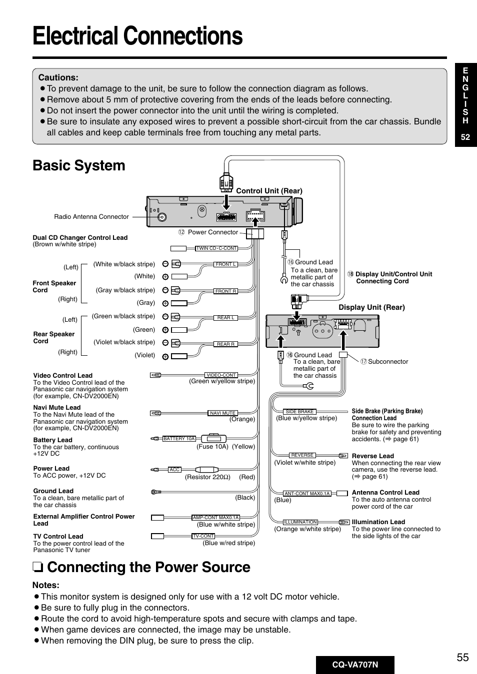 Electrical connections, Basic system ❏ connecting the power source | Panasonic CQ-VA707N User Manual | Page 54 / 67