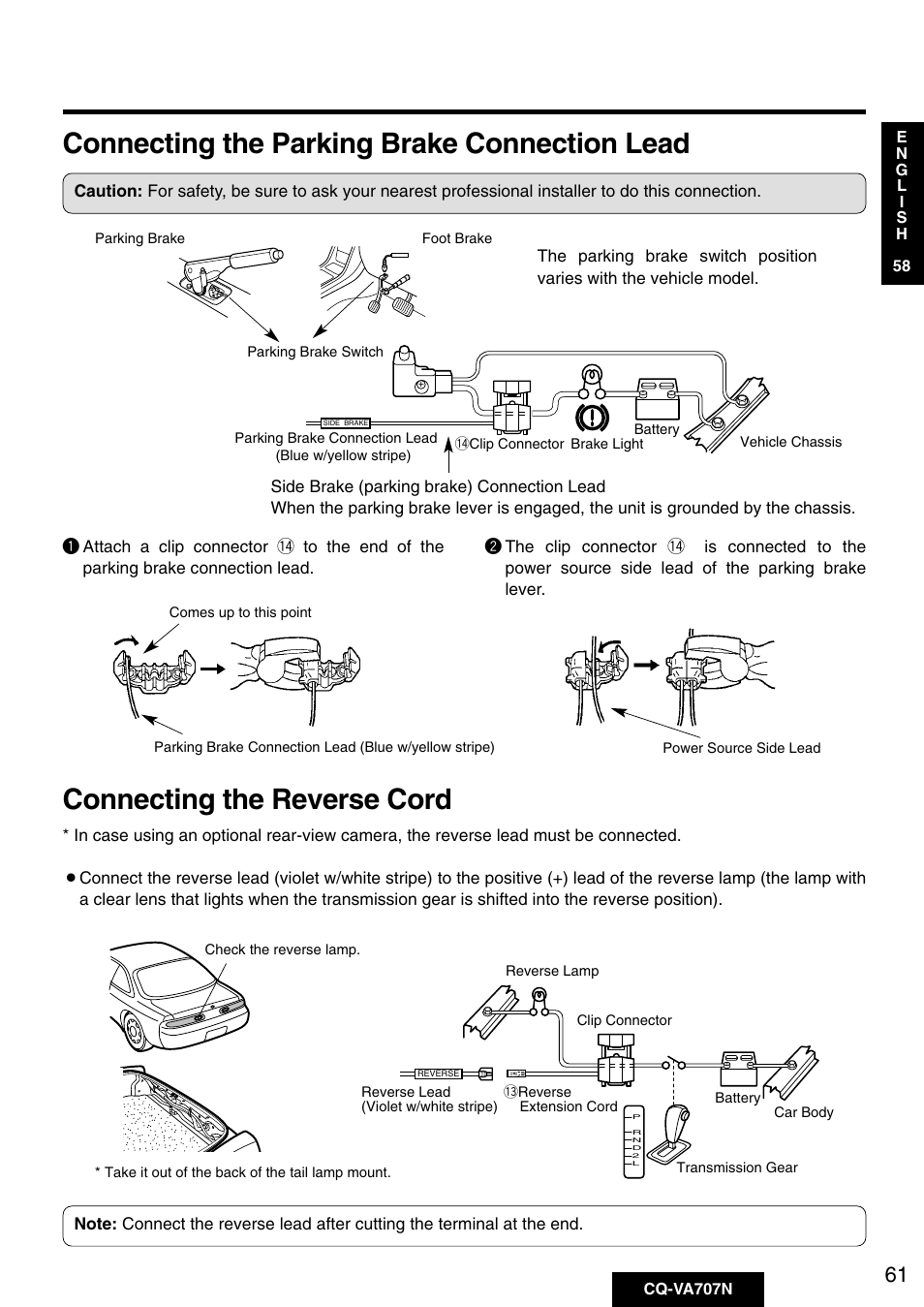 Connecting the parking brake connection lead, Connecting the reverse cord | Panasonic CQ-VA707N User Manual | Page 60 / 67