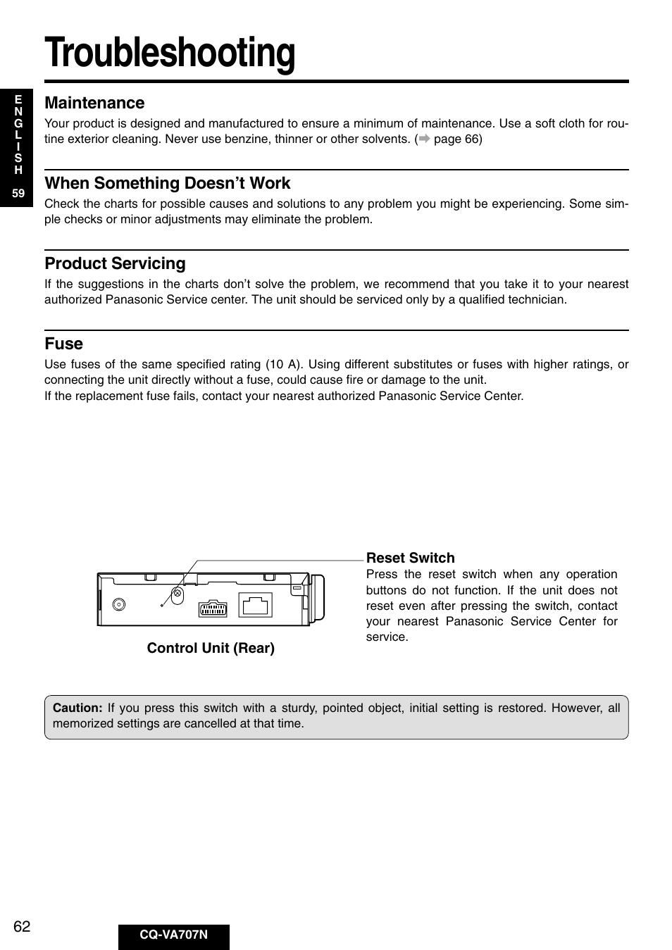 Troubleshooting | Panasonic CQ-VA707N User Manual | Page 61 / 67