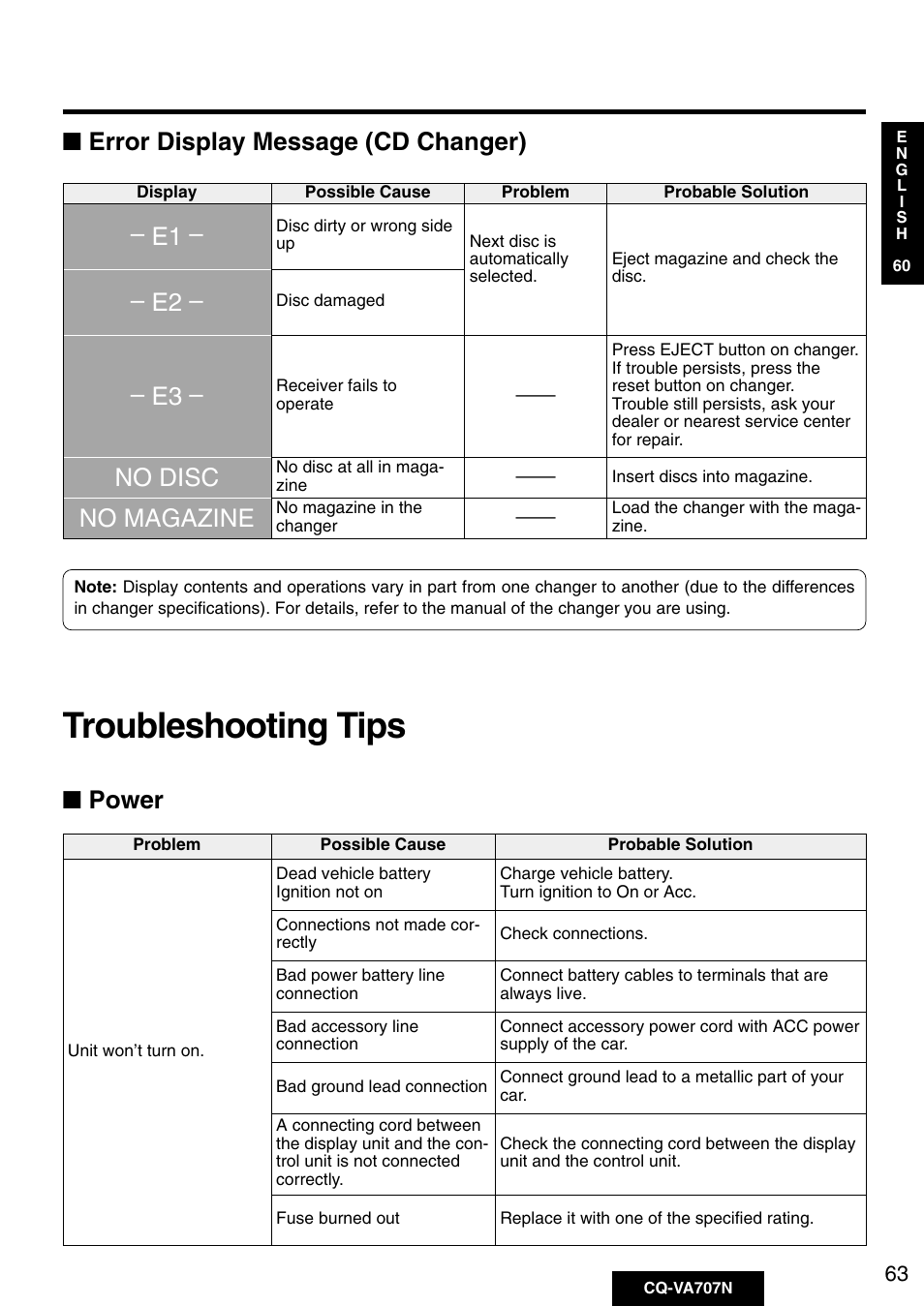 Troubleshooting tips, Error display message (cd changer), No disc | No magazine, E3 – – e1 – – e2, Power | Panasonic CQ-VA707N User Manual | Page 62 / 67