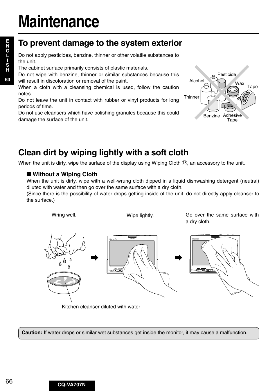 Maintenance, Clean dirt by wiping lightly with a soft cloth, Without a wiping cloth | Cq-va707n | Panasonic CQ-VA707N User Manual | Page 65 / 67