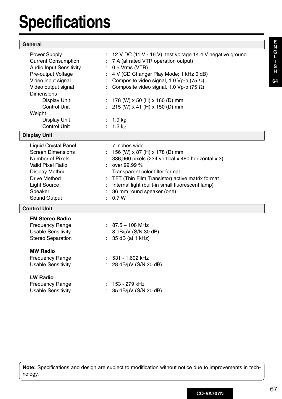 Specifications | Panasonic CQ-VA707N User Manual | Page 66 / 67