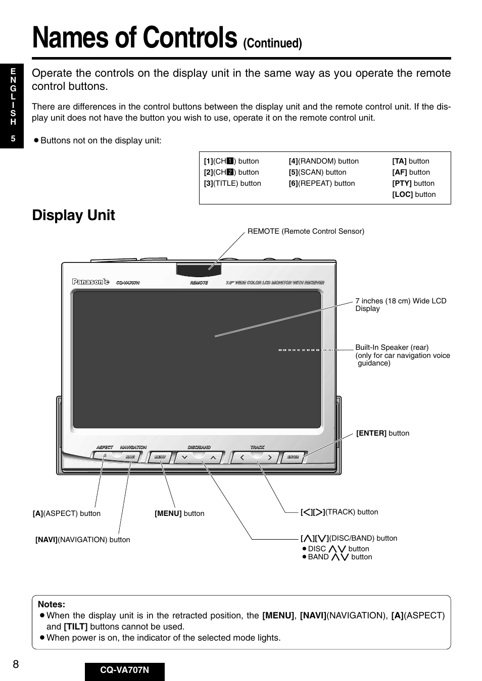 Names of controls, Display unit, Continued) | Cq-va707n | Panasonic CQ-VA707N User Manual | Page 7 / 67