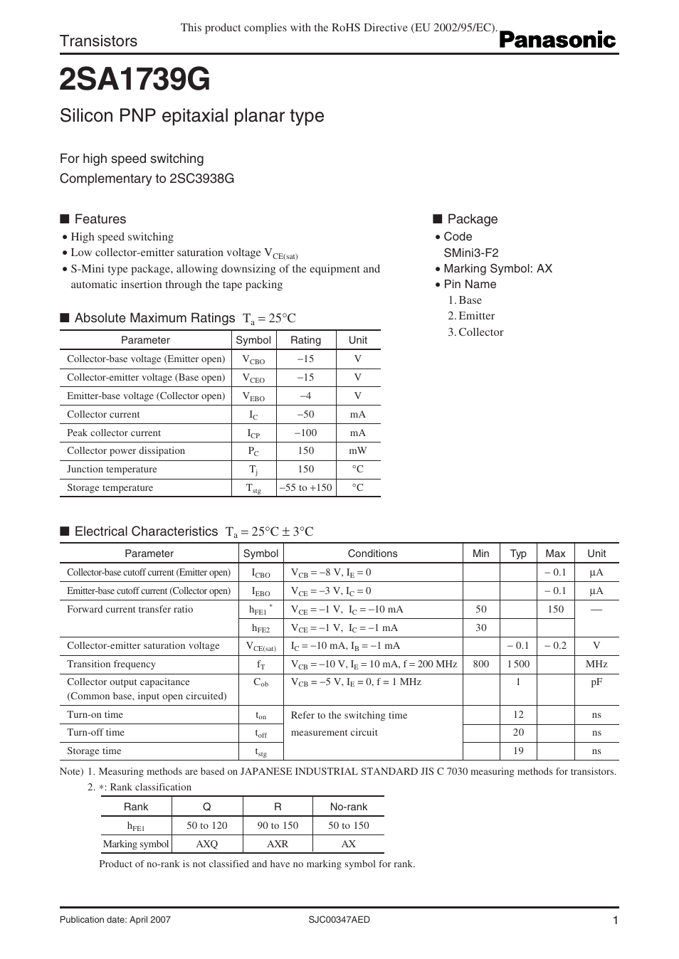 Panasonic 2SA1739G User Manual | 4 pages