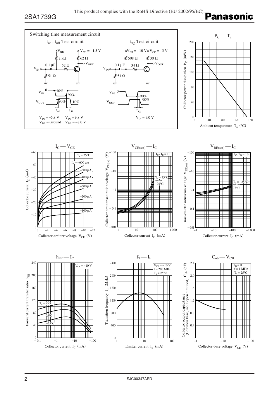 Switching time measurement circuit t, Test circuit t, Test circuit | Panasonic 2SA1739G User Manual | Page 2 / 4