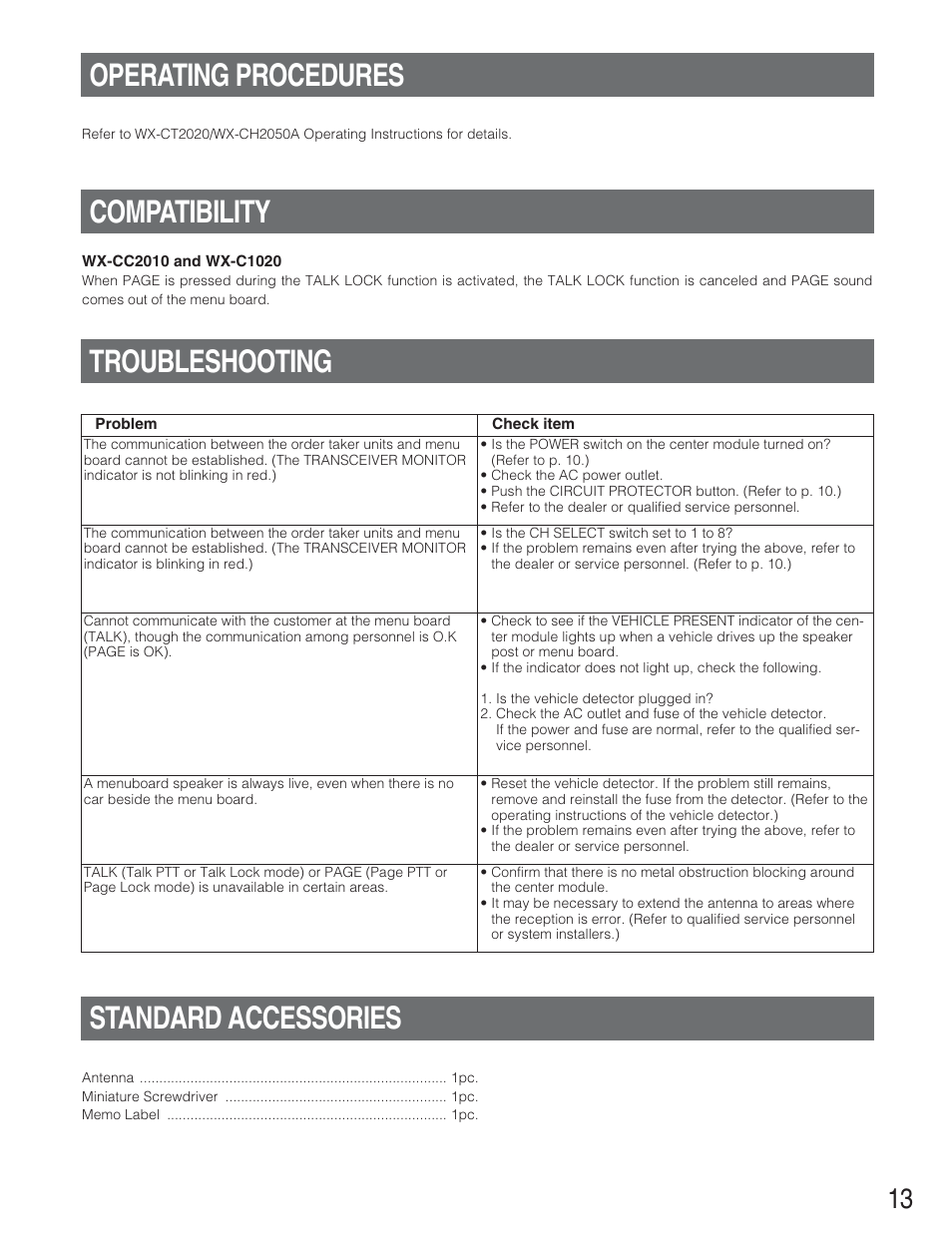 Operating procedures, Compatibility, Troubleshooting | Standard accessories | Panasonic WX-CC2010 User Manual | Page 13 / 15