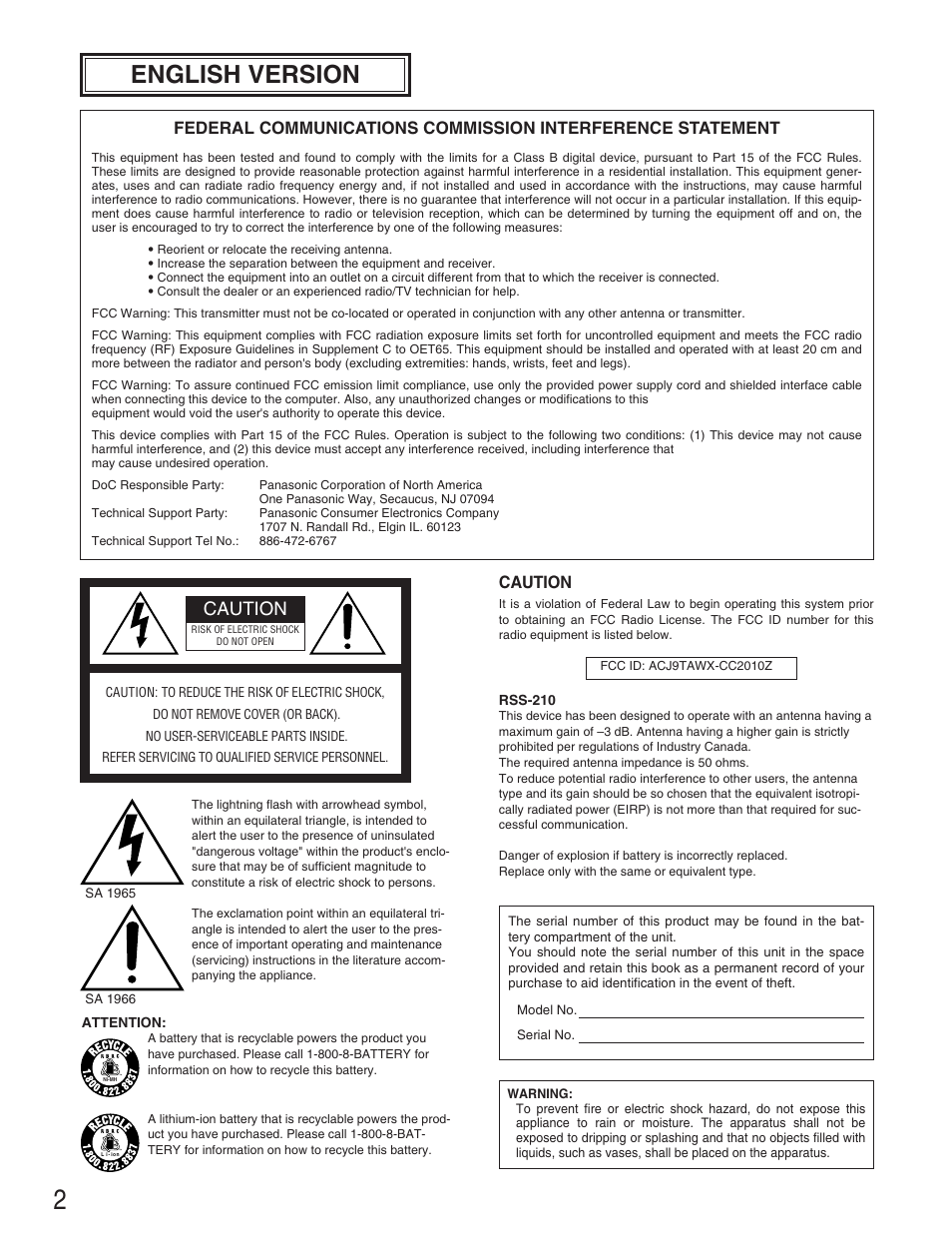 English version, Caution | Panasonic WX-CC2010 User Manual | Page 2 / 15