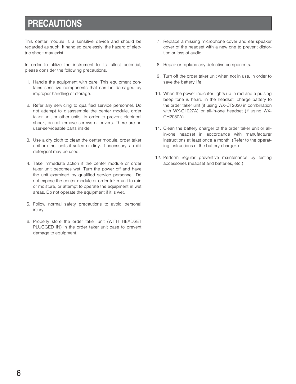 Precautions | Panasonic WX-CC2010 User Manual | Page 6 / 15