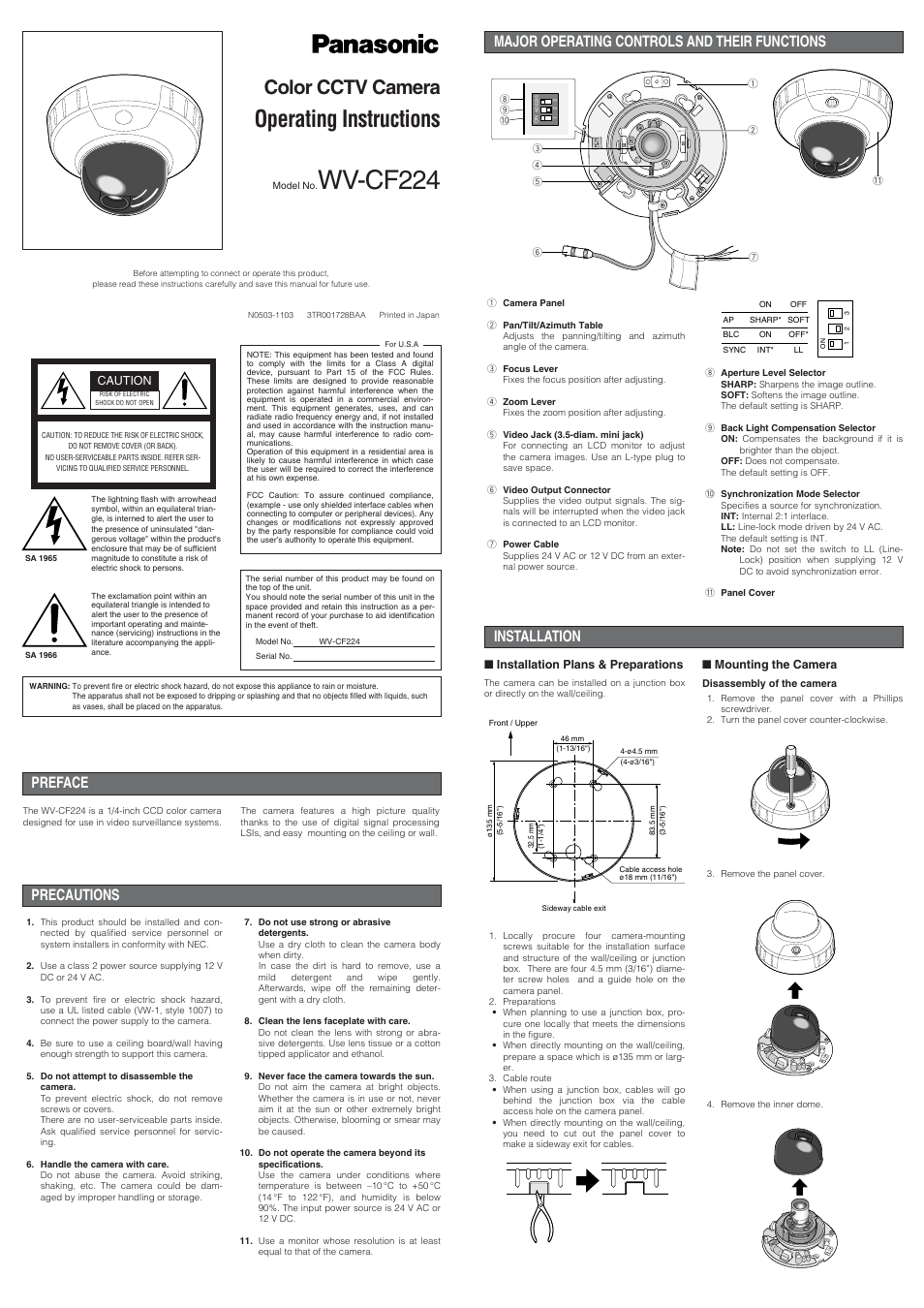 Panasonic WV-CF224 User Manual | 2 pages