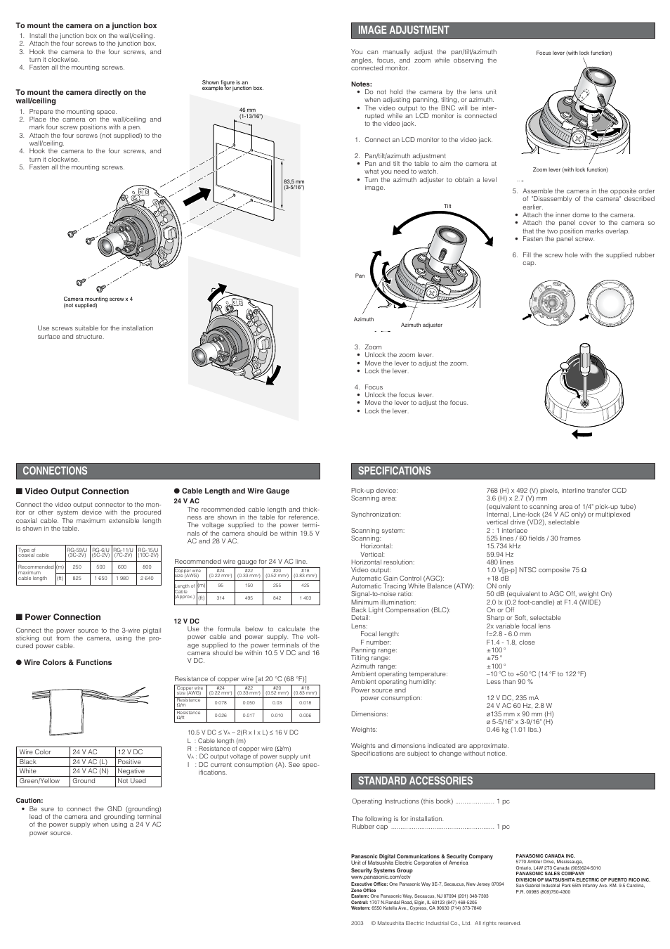 Connections, Image adjustment, Specifications | Standard accessories, Video output connection, Power connection | Panasonic WV-CF224 User Manual | Page 2 / 2