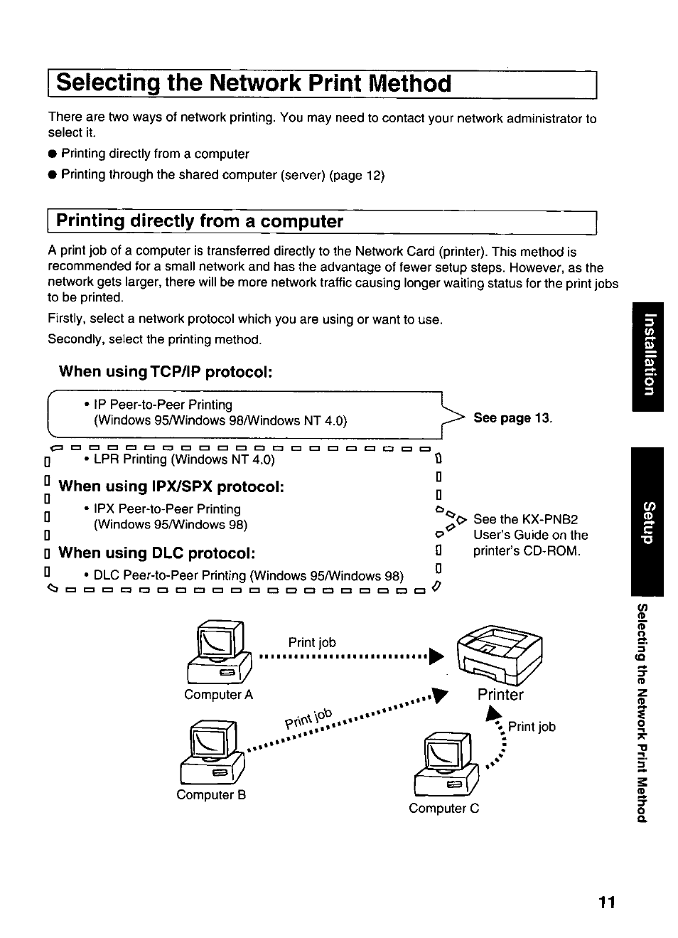 Selecting the network print method, Printing directly from a computer, When using tcp/ip protocol | When using ipx/spx protocol, D when using dlc protocol | Panasonic KX-PNB2 User Manual | Page 11 / 32