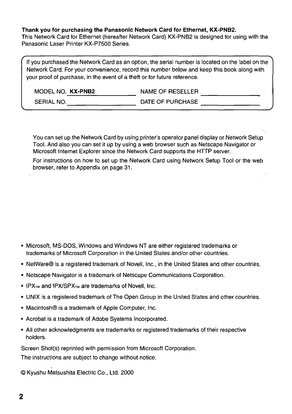 Panasonic KX-PNB2 User Manual | Page 2 / 32