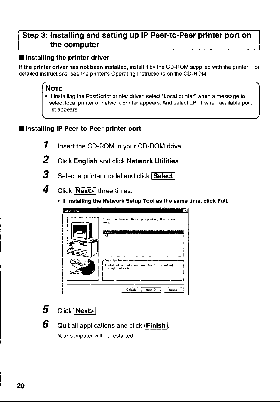 Installing the printer driver, Installing ip peer-to-peer printer port, 1 insert the cd-rom in your cd-rom drive | 2 click english and click network utilities, 3 select a printer model and click | select, 4 click i nex^l three times, 5 click next, 6 quit all applications and click ¡finish | Panasonic KX-PNB2 User Manual | Page 20 / 32