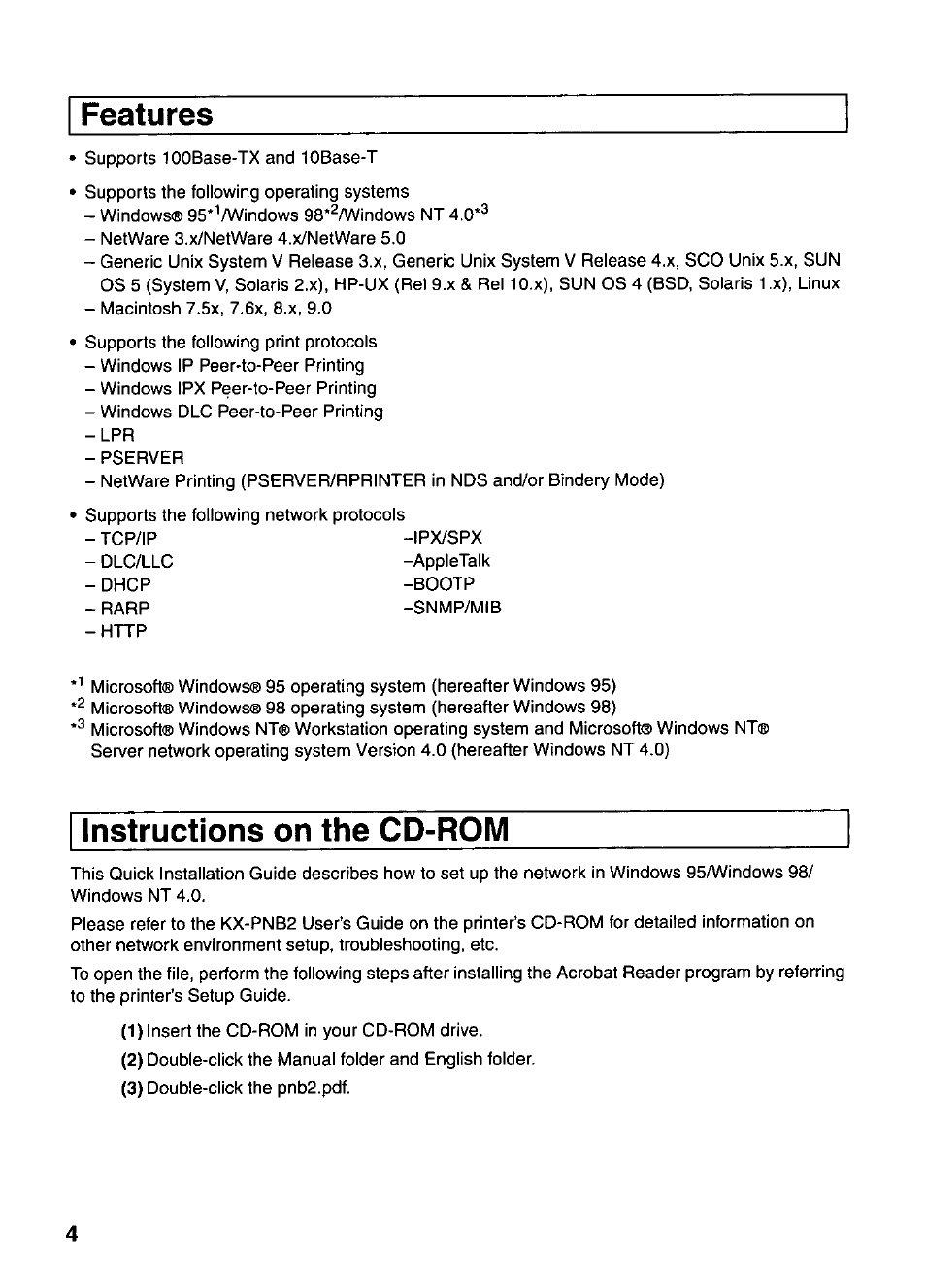 Features, Instructions on the cd-rom | Panasonic KX-PNB2 User Manual | Page 4 / 32