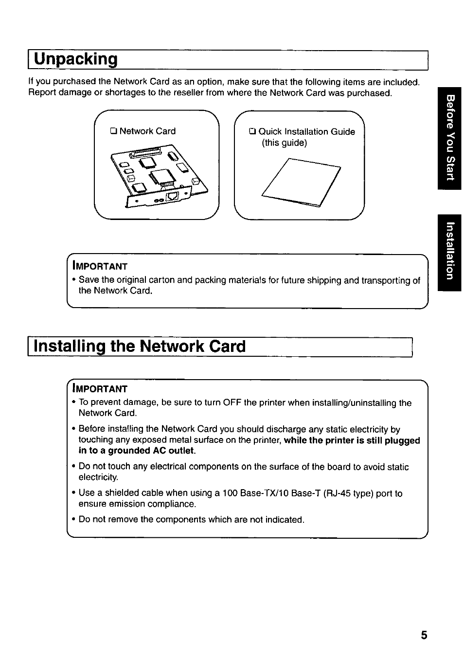 Unpacking, Installing the network card | Panasonic KX-PNB2 User Manual | Page 5 / 32