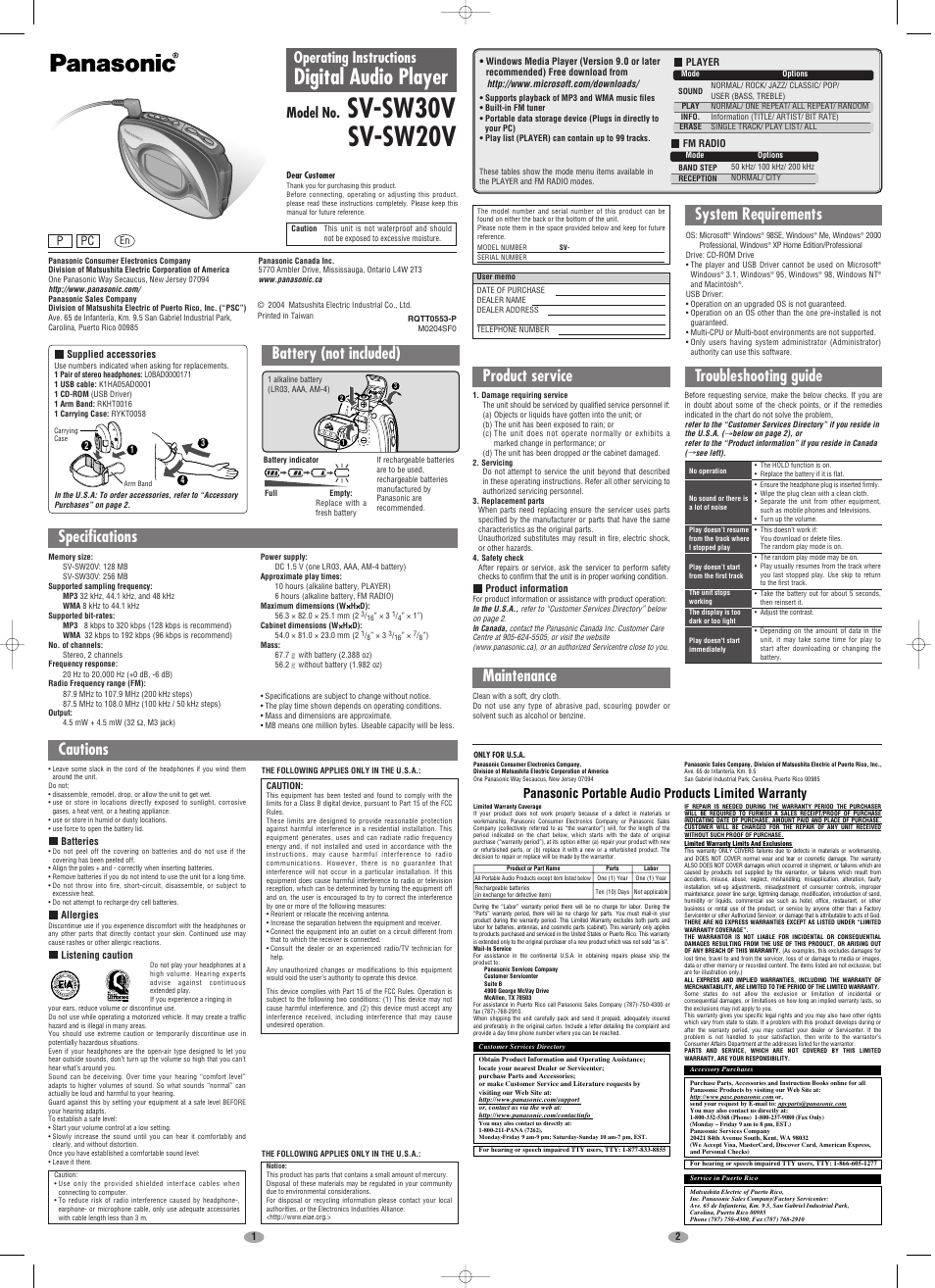 Panasonic SV-SW30V User Manual | 2 pages