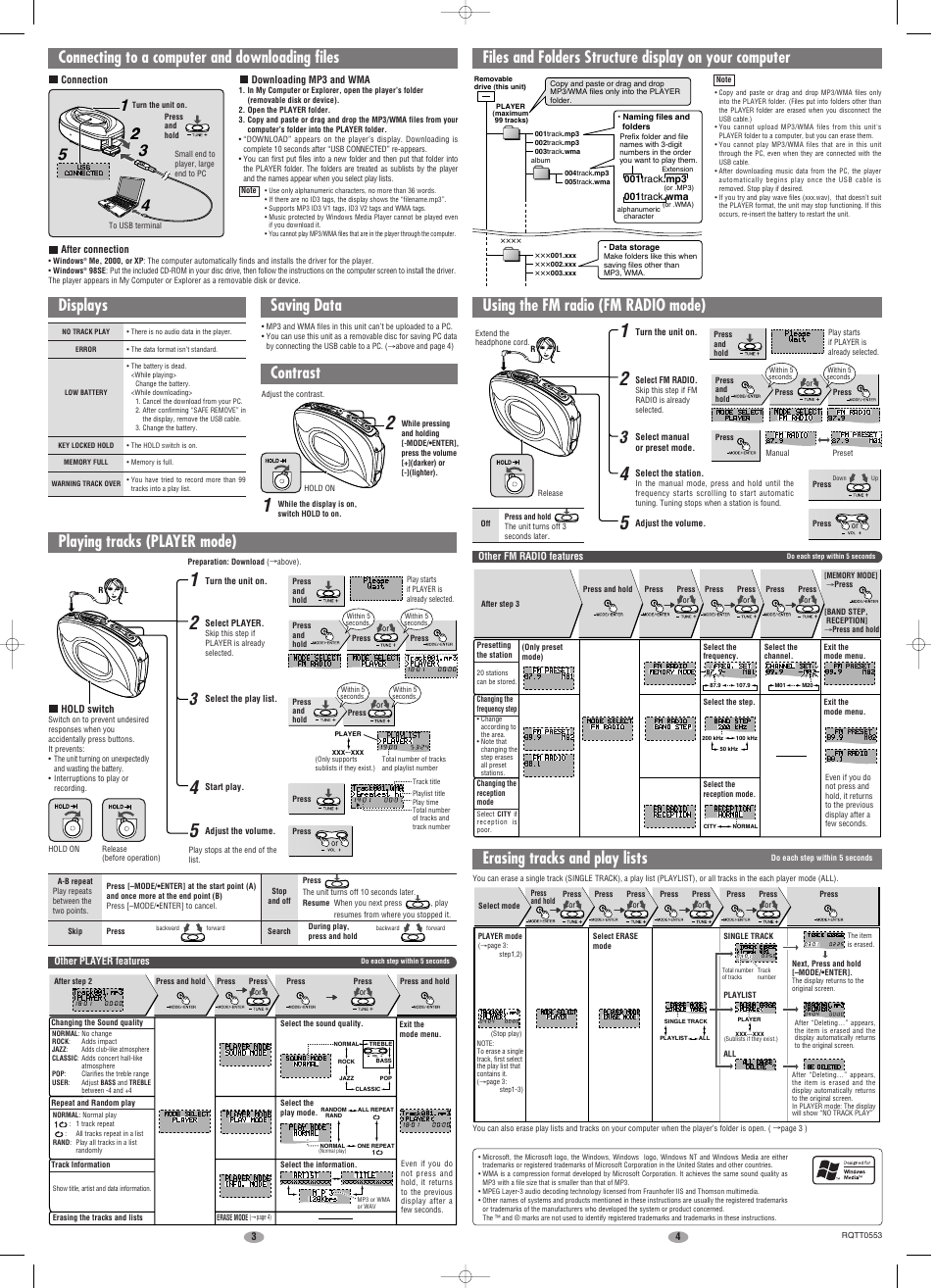 Connecting to a computer and downloading files, Displays, Saving data | Contrast, Playing tracks (player mode), Other player features, Using the fm radio (fm radio mode), Other fm radio features, Erasing tracks and play lists | Panasonic SV-SW30V User Manual | Page 2 / 2