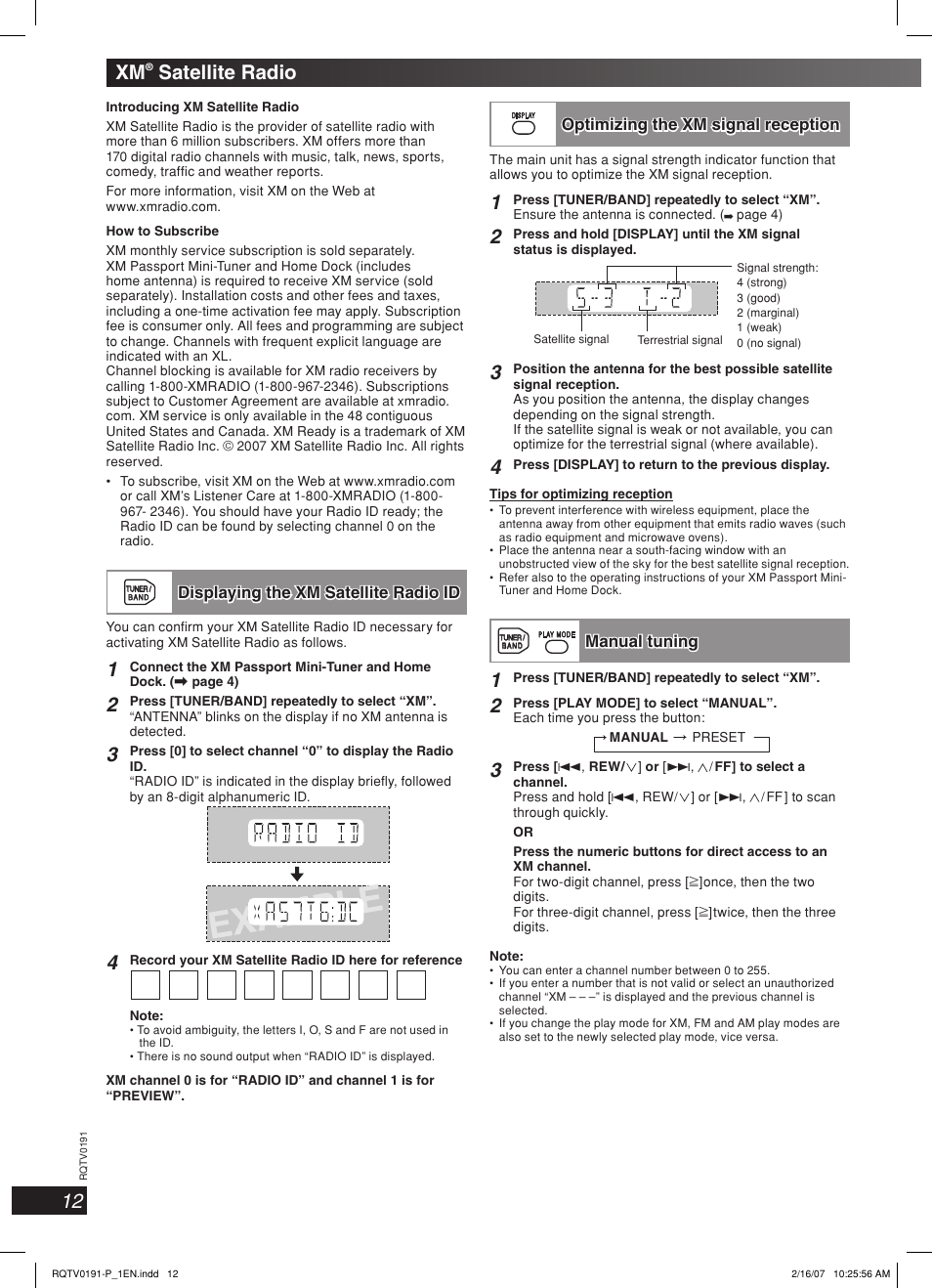 Xm® satellite radio, Example, Satellite radio | Panasonic SC-AK450 User Manual | Page 12 / 28