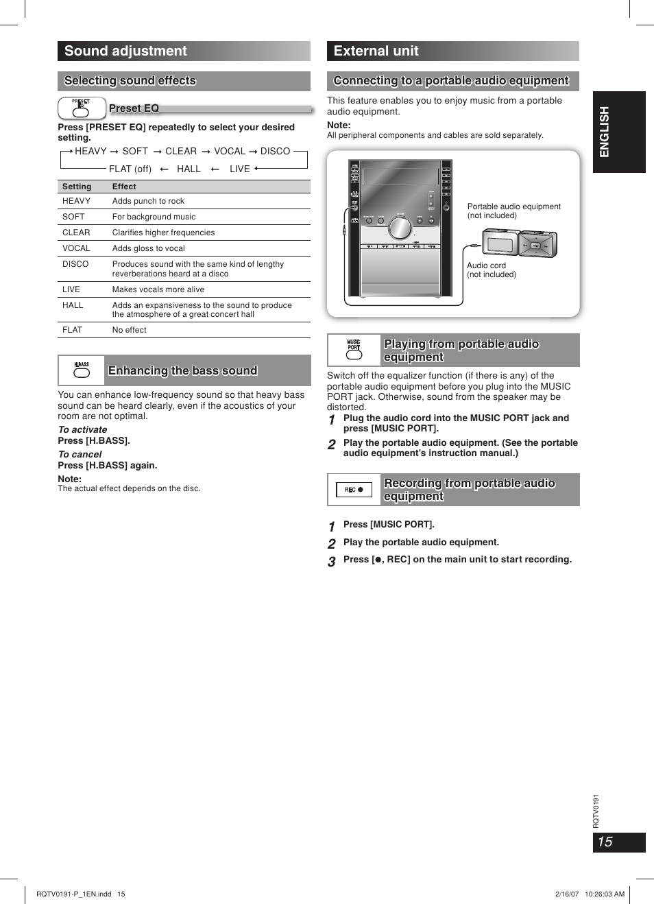 Sound adjustment, External unit, Sound adjustment external unit | Panasonic SC-AK450 User Manual | Page 15 / 28