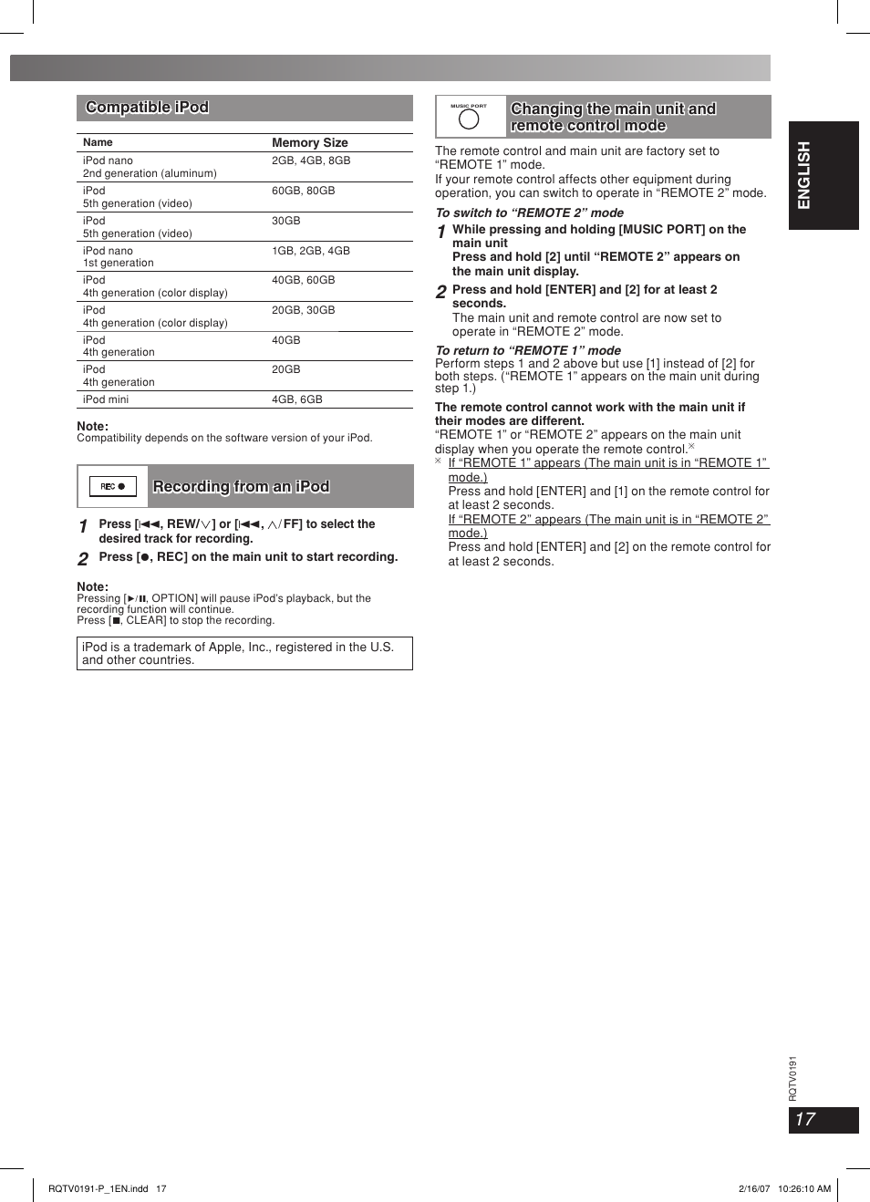 Recording from an ipod | Panasonic SC-AK450 User Manual | Page 17 / 28
