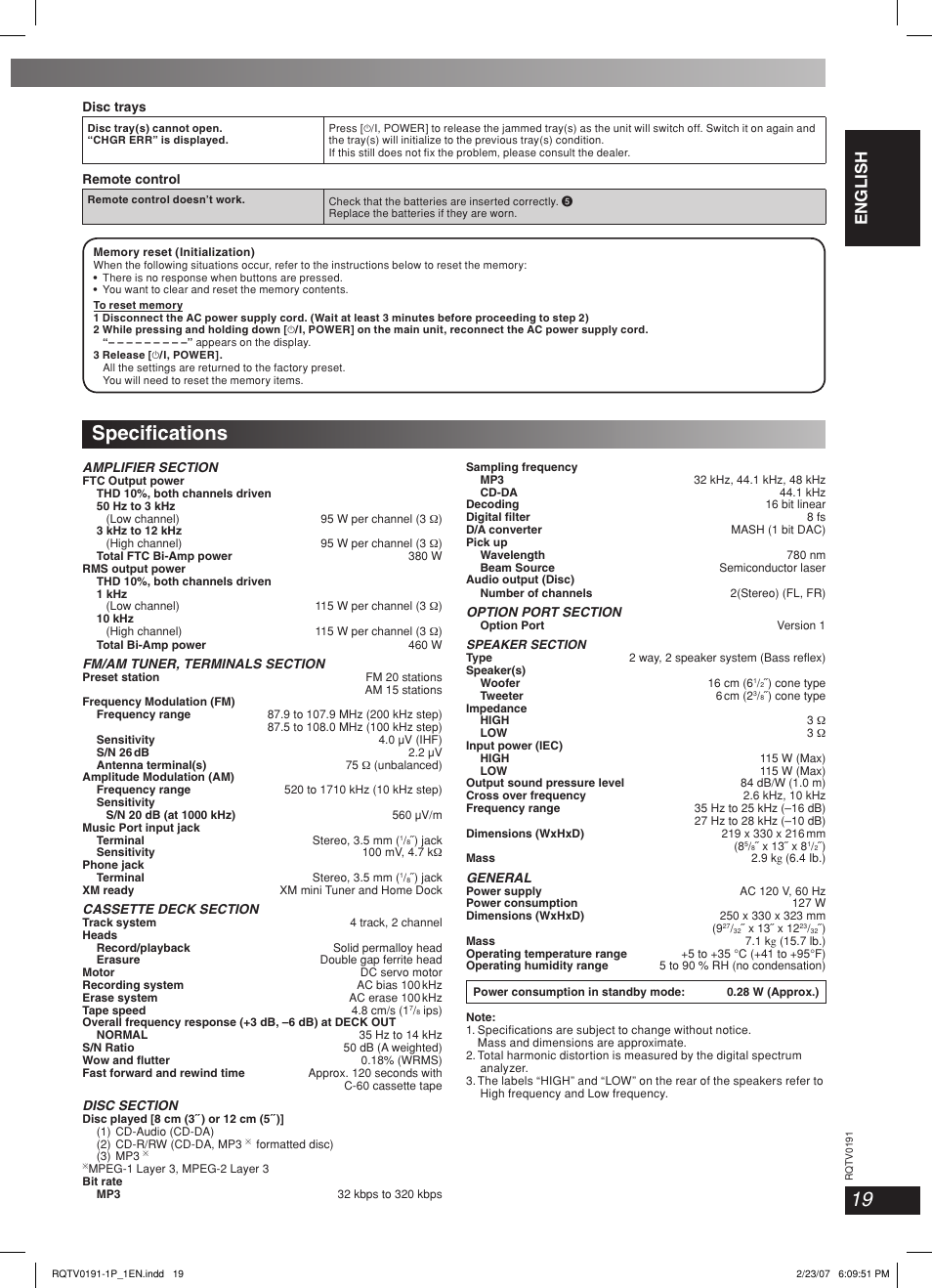 Specifications, Specifi cations, Lang - 5 lang - 4 français dansk english | Panasonic SC-AK450 User Manual | Page 19 / 28