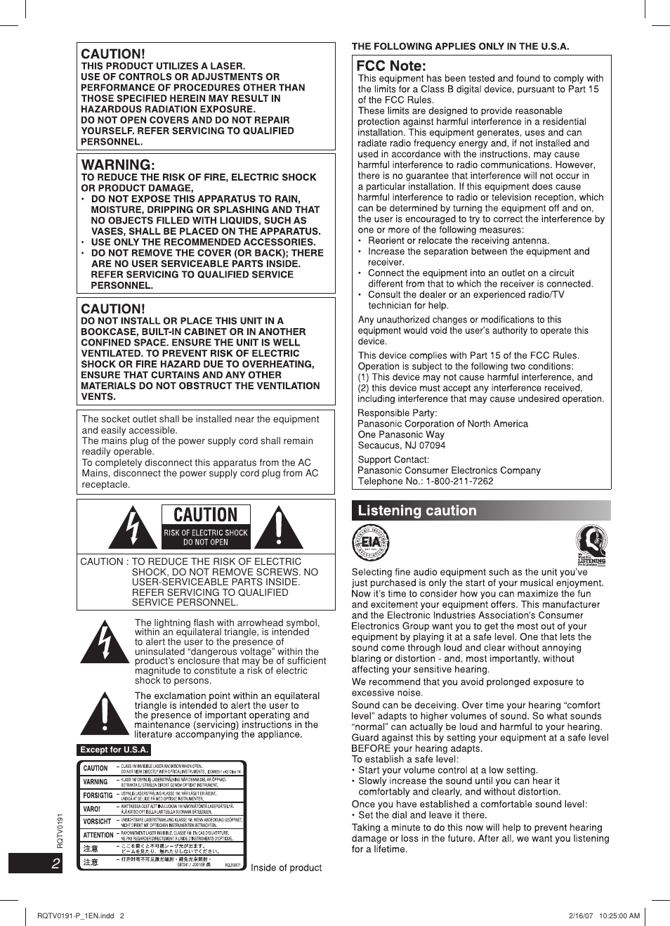 Listening caution, Lang - 5 lang - 4 français dansk english | Panasonic SC-AK450 User Manual | Page 2 / 28