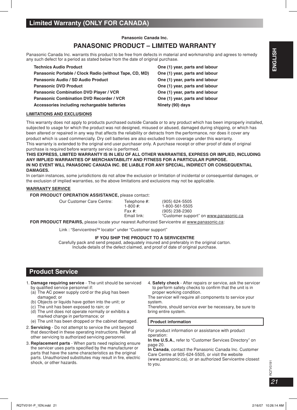 Limited warranty (only for canada), Product service, Panasonic product – limited warranty | Lang - 5 lang - 4 français dansk english | Panasonic SC-AK450 User Manual | Page 21 / 28