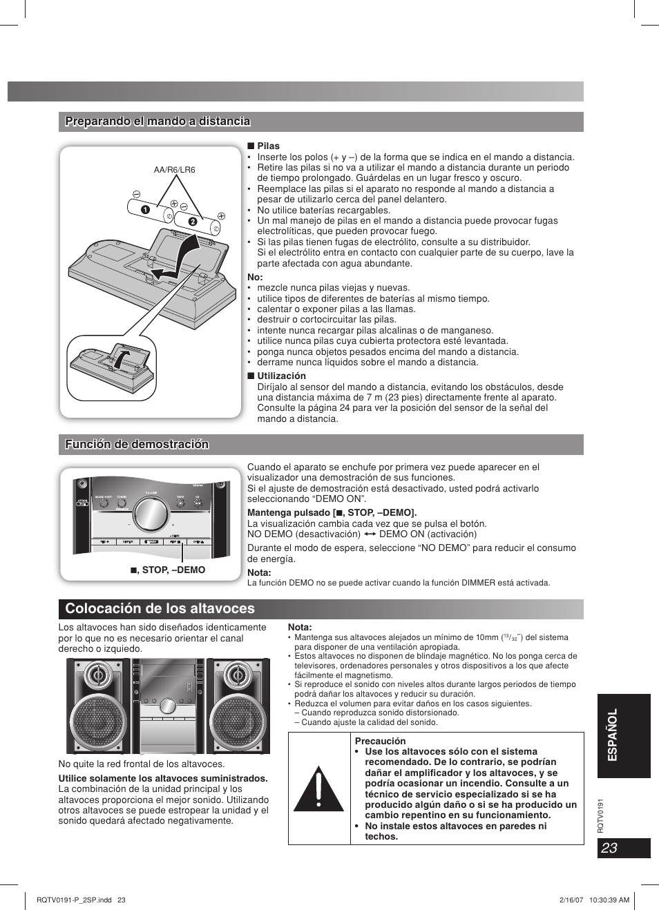 Colocación de los altavoces, Esp añol lang - 4, Función de demostración | Panasonic SC-AK450 User Manual | Page 23 / 28