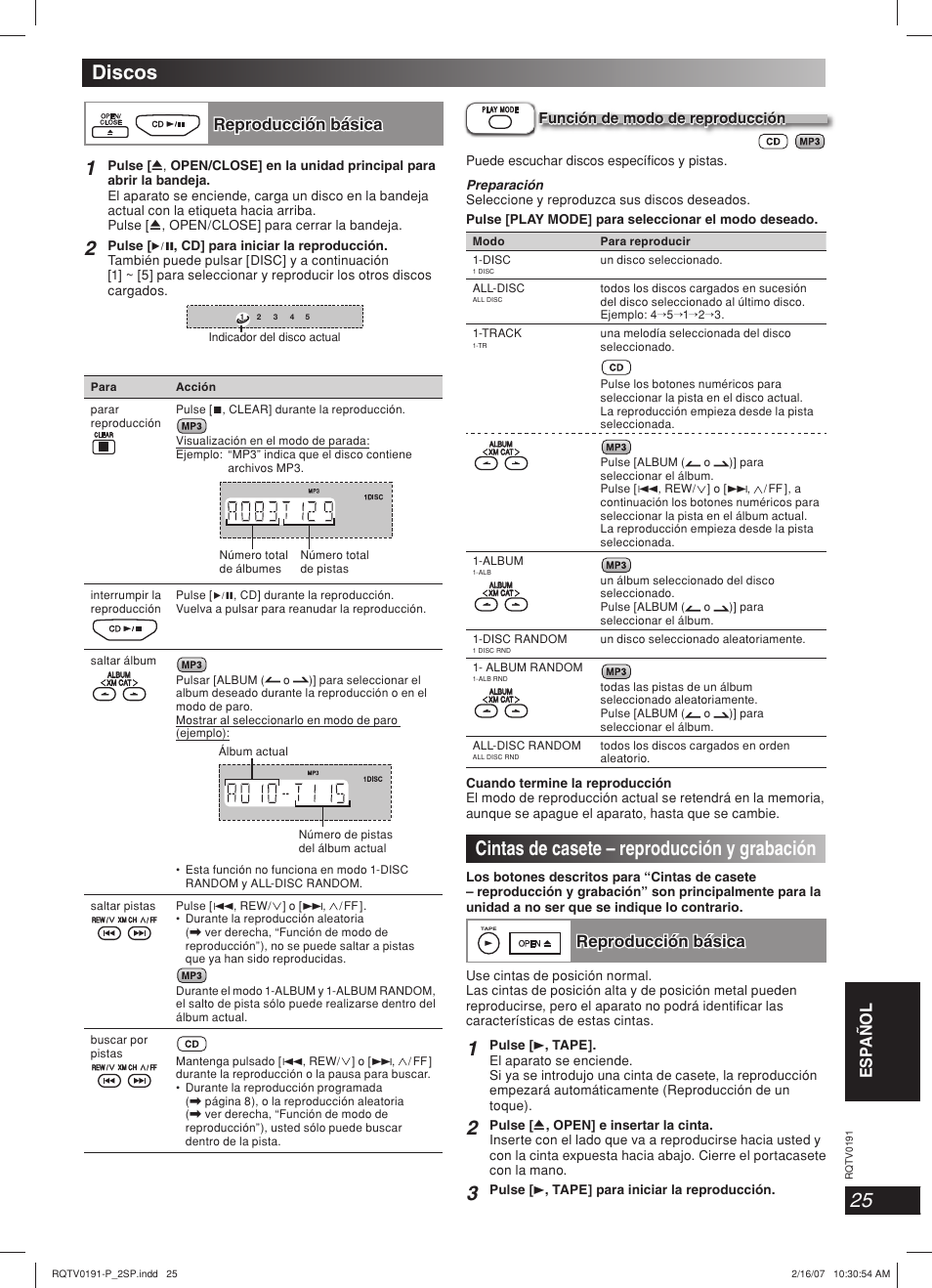 Discos, Cintas de casete –reproducción y grabación, Cintas de casete – reproducción y grabación | Esp añol lang - 4, Dansk engli s h, Reproducción básica | Panasonic SC-AK450 User Manual | Page 25 / 28