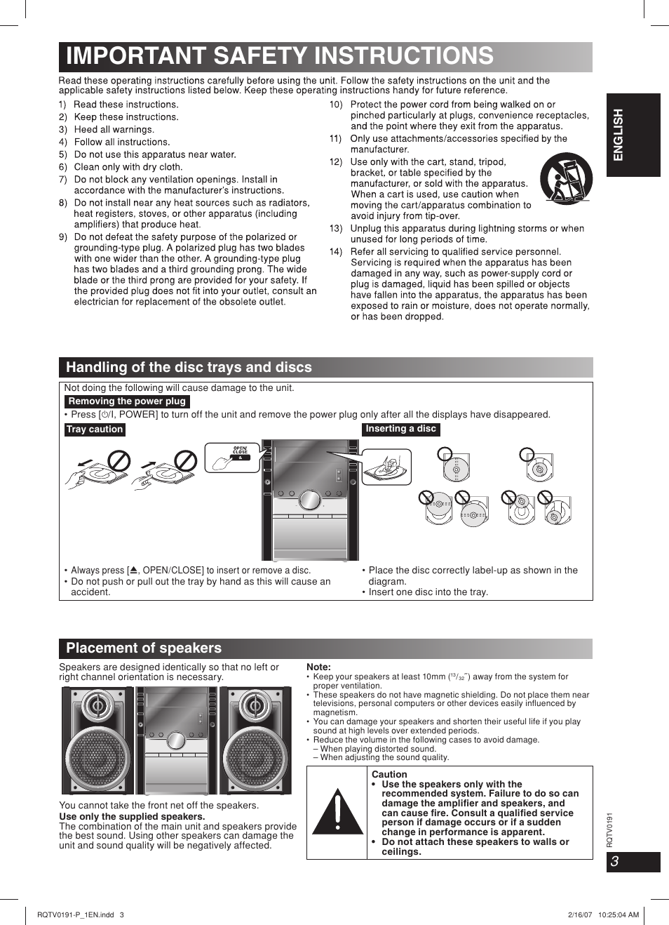 Important safety instructions, Handling of the disc trays and discs, Placement of speakers | Lang - 5 lang - 4 français dansk english | Panasonic SC-AK450 User Manual | Page 3 / 28
