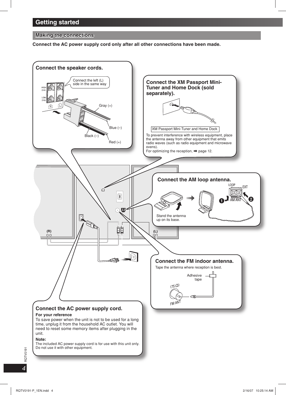 Getting started, Lang - 5 lang - 4 français dansk english, Making the connections | Connect the ac power supply cord, Connect the speaker cords, Connect the fm indoor antenna, Connect the am loop antenna | Panasonic SC-AK450 User Manual | Page 4 / 28