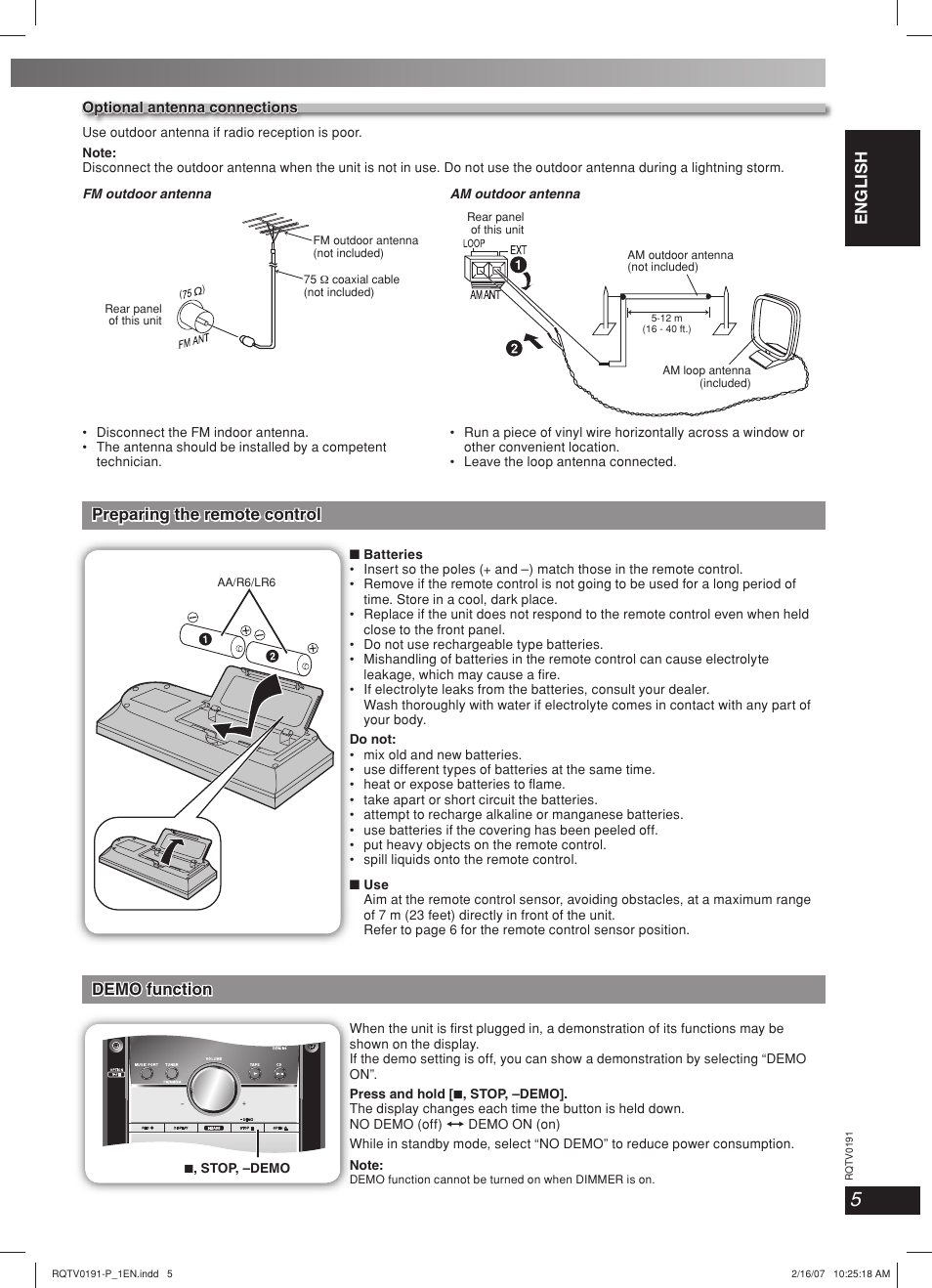Lang - 5 lang - 4 français dansk english, Preparing the remote control, Demo function | Panasonic SC-AK450 User Manual | Page 5 / 28