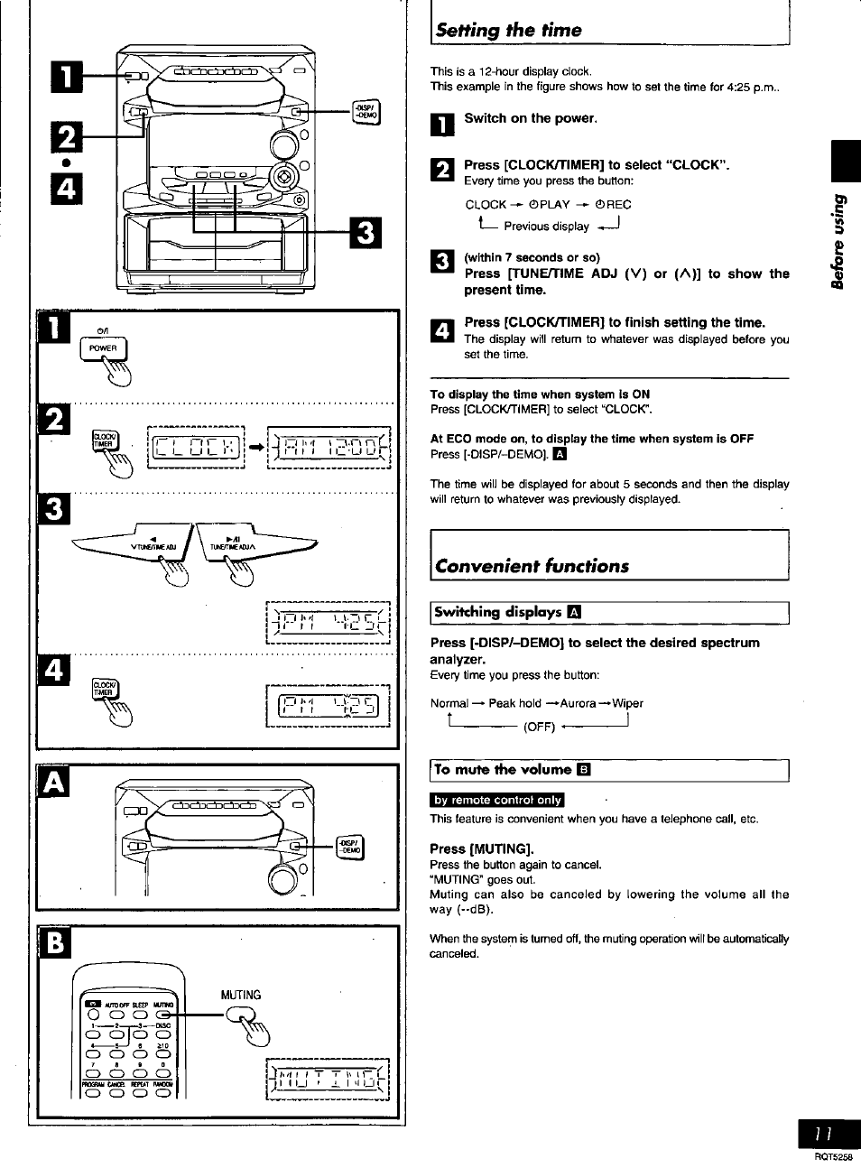 Wu switch on the power, Press [clock/rimer] to select “clock, Press [clock/timer] to finish setting the time | To mute the volume o, Press [muting, Setting the time, Convenient functions | Panasonic SC-AK18 EN User Manual | Page 11 / 32