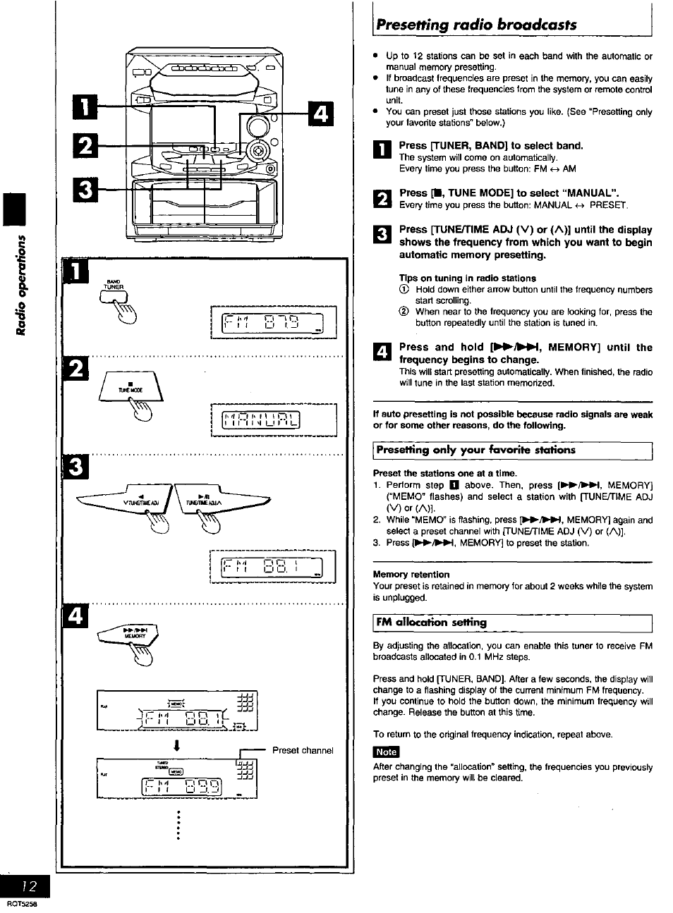 Press [■, tune mode] to select “manual, Press and hold memory] until the, Presetting radio broadcasts | Panasonic SC-AK18 EN User Manual | Page 12 / 32