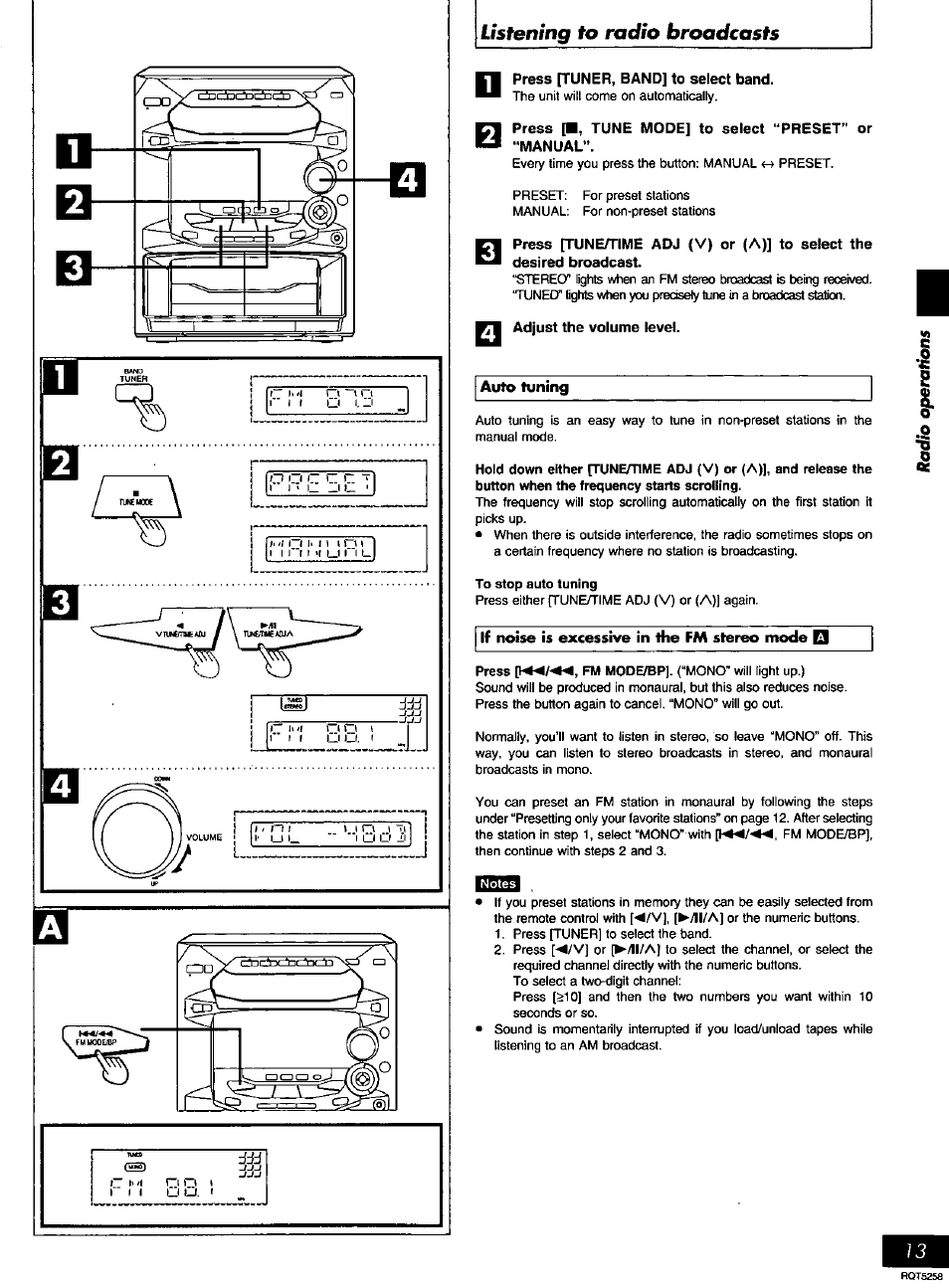 Press [tuner, band] to select band, Press p, tune mode] to select “preset” or “manual, Adjust the volume level | Listening to radio broadcasts | Panasonic SC-AK18 EN User Manual | Page 13 / 32