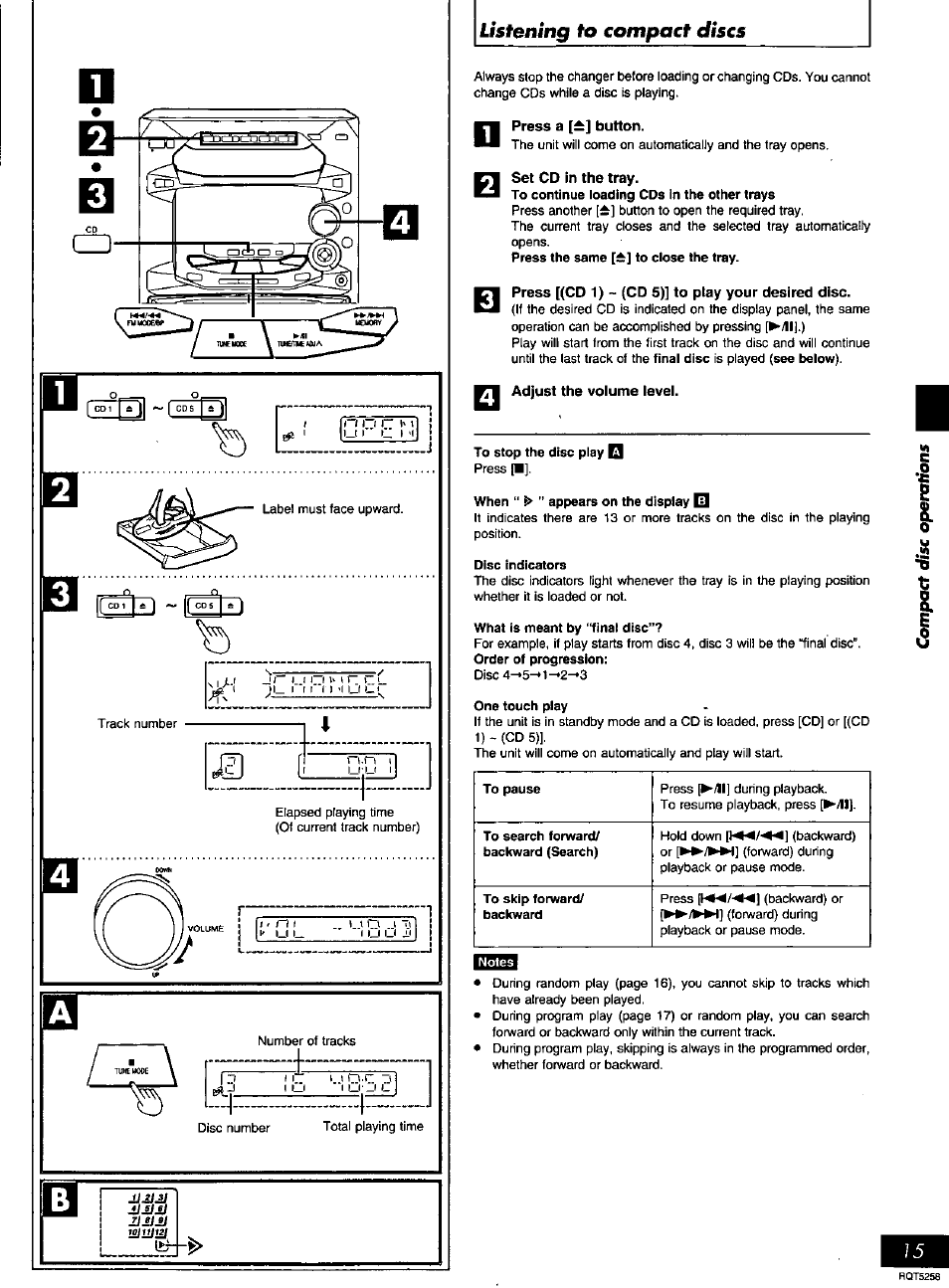Set cd in the tray, Press [(cd 1) ~ (cd 5)] to play your desired disc, Adjust the volume level | Listening to compact discs | Panasonic SC-AK18 EN User Manual | Page 15 / 32