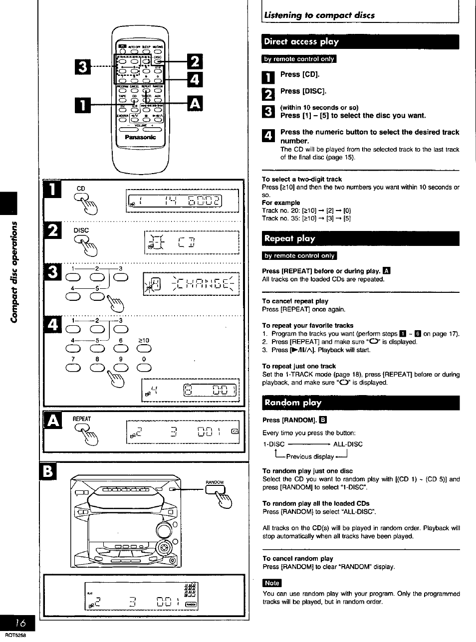 Direct access play, Press [cd, Press [disc | Repeat play, Random play, Listening to conipact discs | Panasonic SC-AK18 EN User Manual | Page 16 / 32