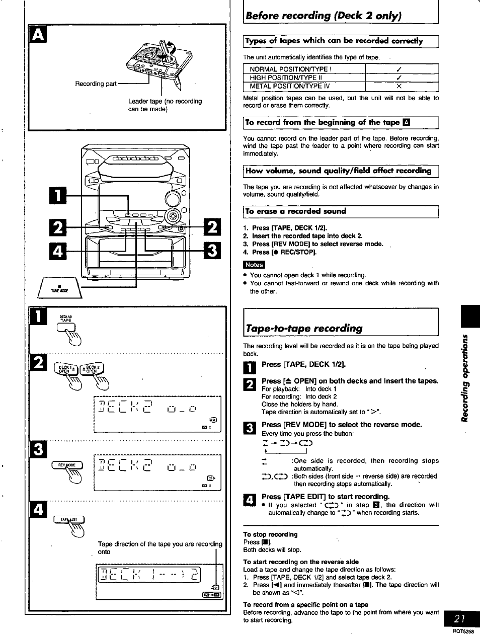 Press [± open] on both decks and insert the tapes, Before recording (deck 2 only), Tape-to-tape recording | Panasonic SC-AK18 EN User Manual | Page 21 / 32