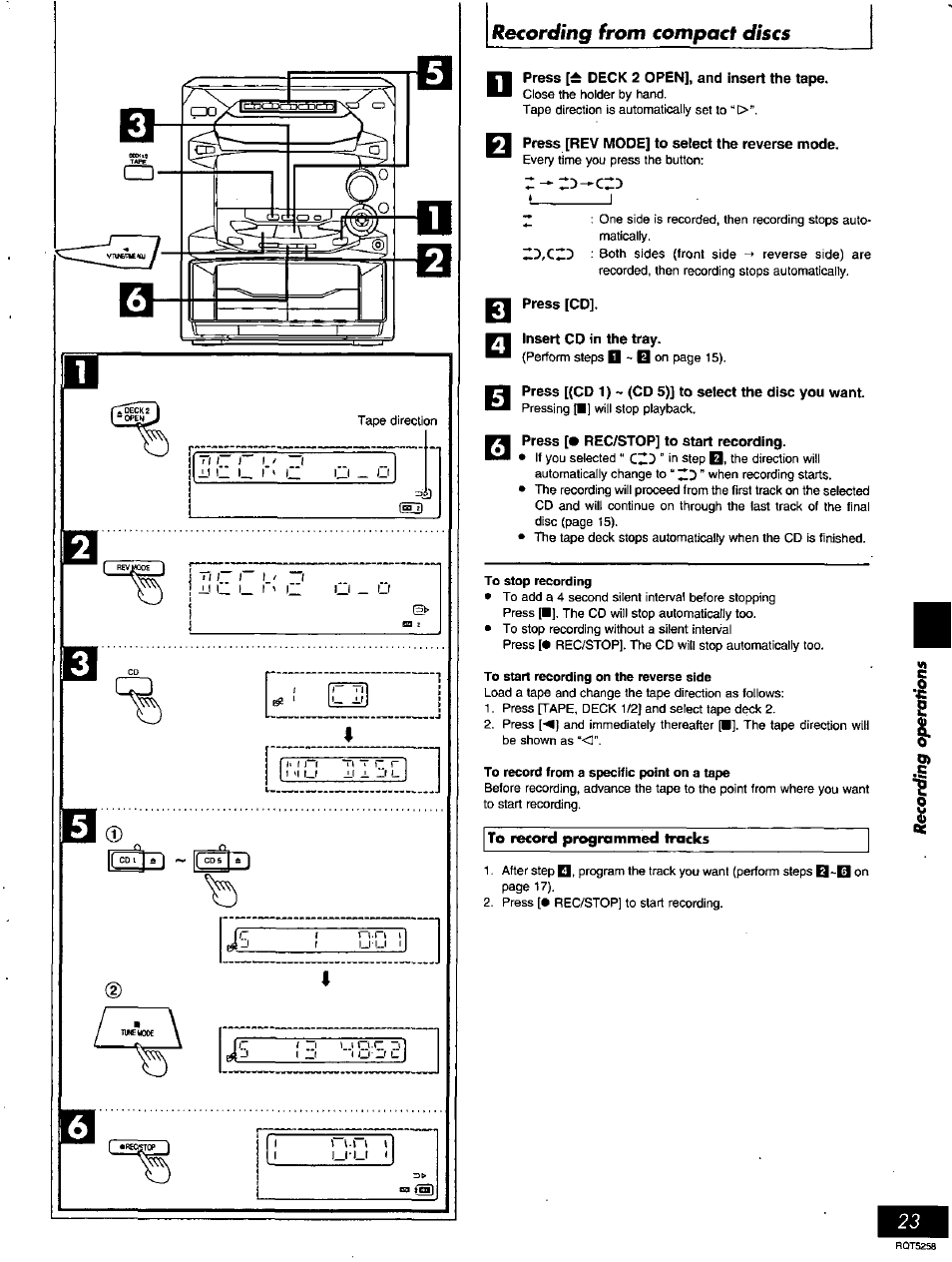 Press deck 2 open], and insert the tape, Press [rev mode] to select the reverse mode, Press [cd | Press [• rec/stop] to start recording | Panasonic SC-AK18 EN User Manual | Page 23 / 32