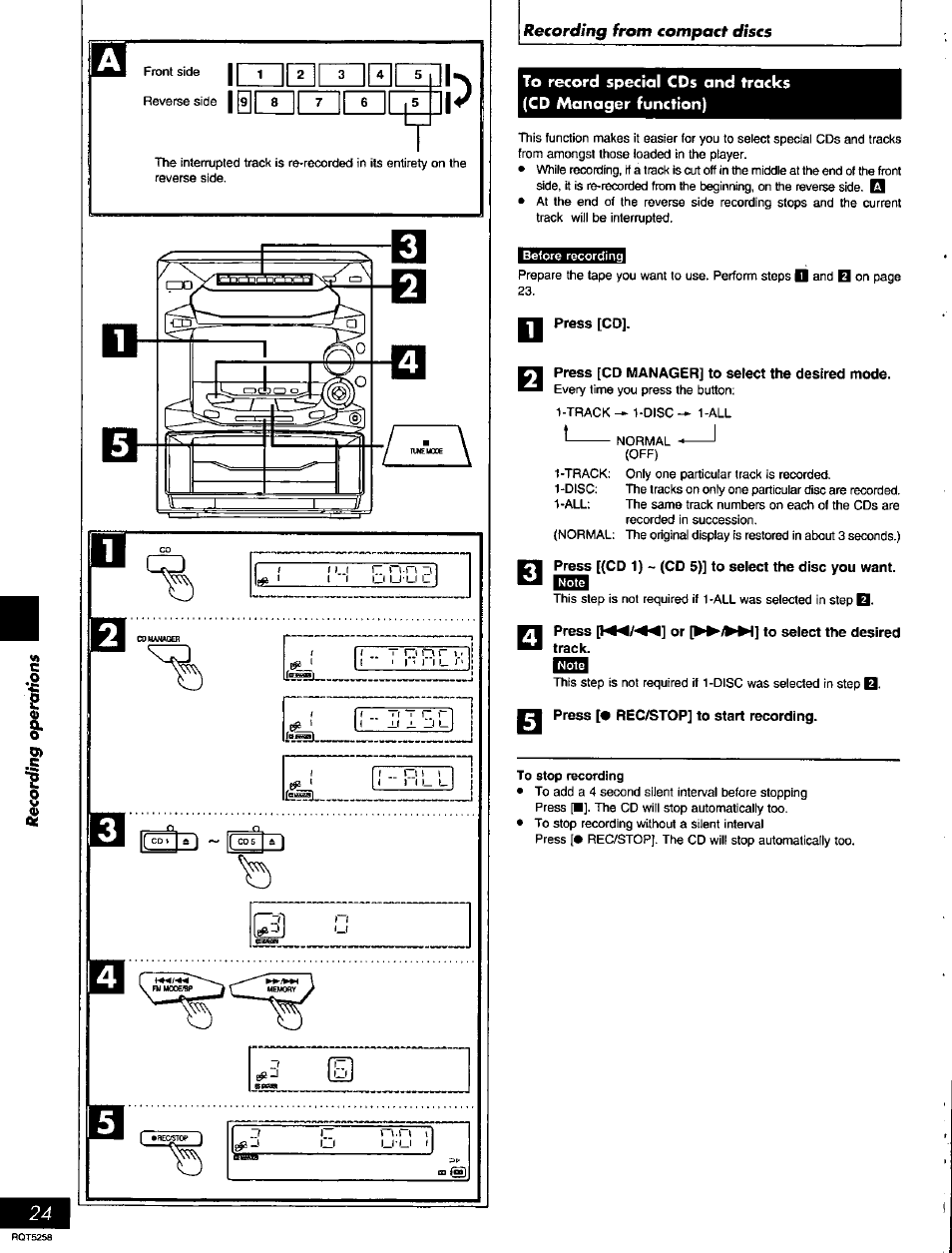 Wu press [co, Press [cd manager] to select the desired mode, Press or [►►^►1] to select the desired | Press [• rec/stop] to start recording | Panasonic SC-AK18 EN User Manual | Page 24 / 32
