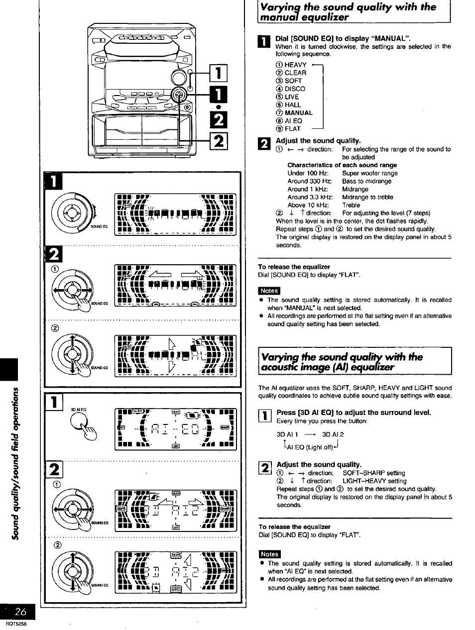 Dial [sound eq] to display manual, Press [3d al eq] to adjust the surround level, Adjust the sound quality | The sound quality wiffi the manual equalizer | Panasonic SC-AK18 EN User Manual | Page 26 / 32